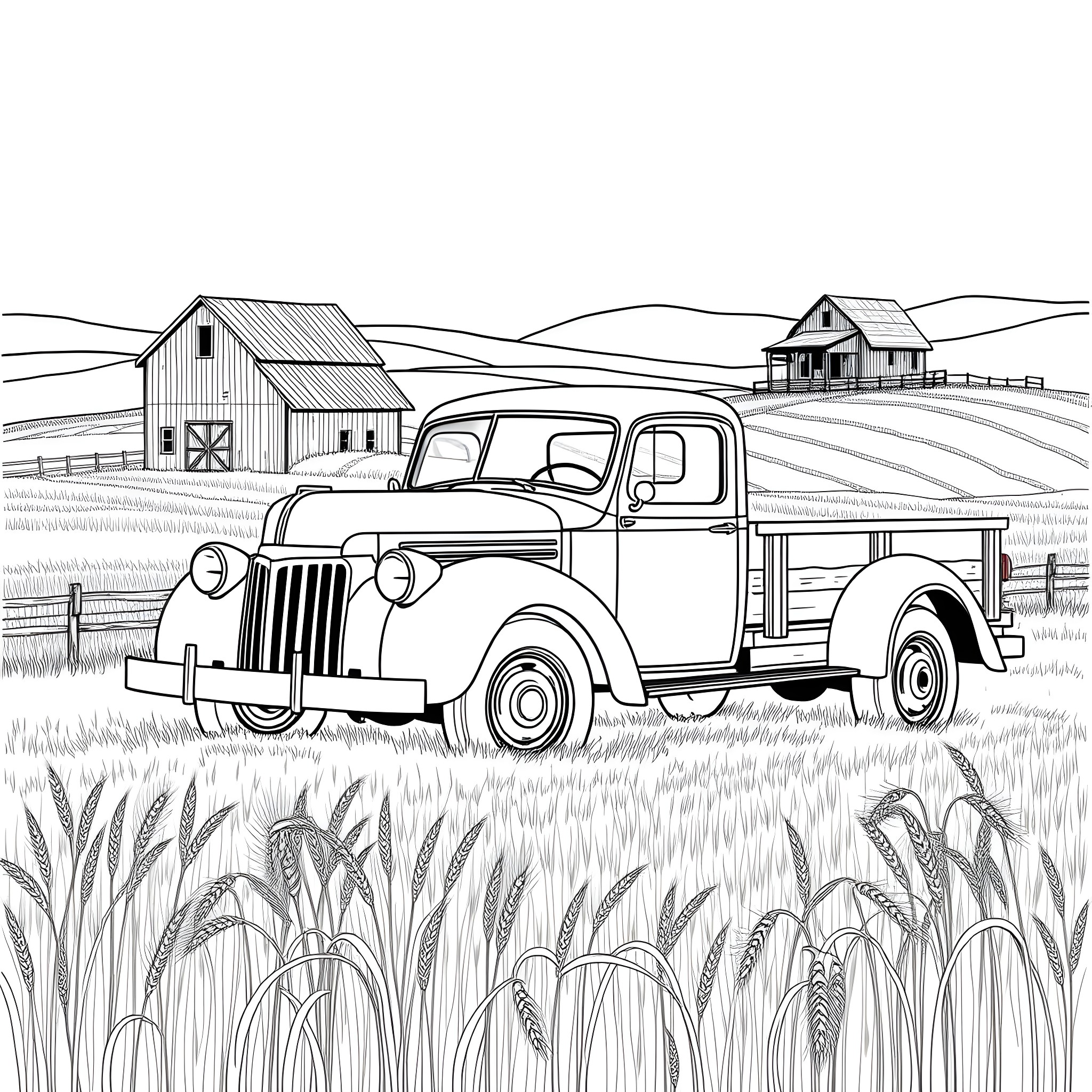 Grain Pickup on Country Farm Scene Coloring Page (free black-and-white line drawing printable PDF for all, from beginners to advanced learners, including children, teens, adults, and seniors)
