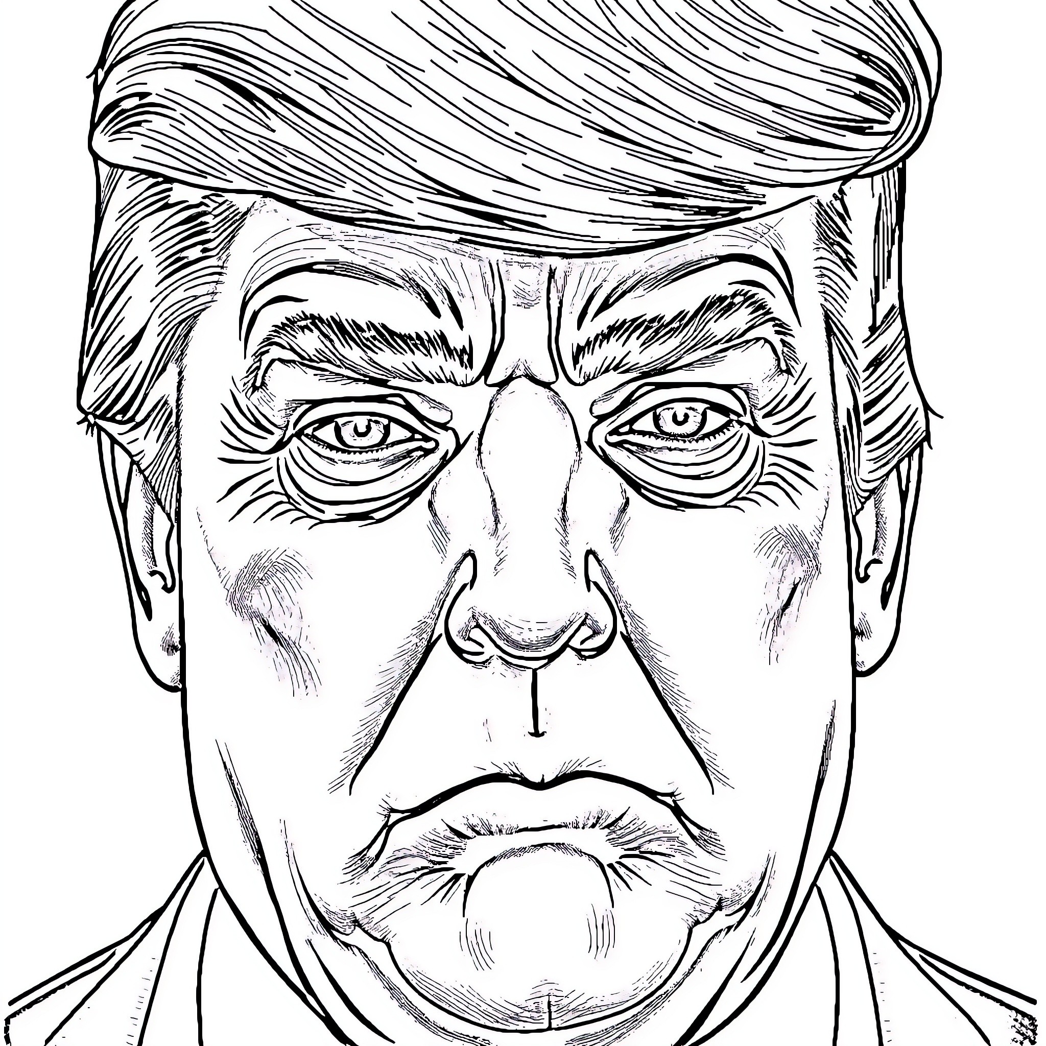 Donald Trump's Stern Expression and Distinctive Hairstyle Coloring Page (free black-and-white line drawing printable PDF for all, from beginners to advanced learners, including children, teens, adults, and seniors)