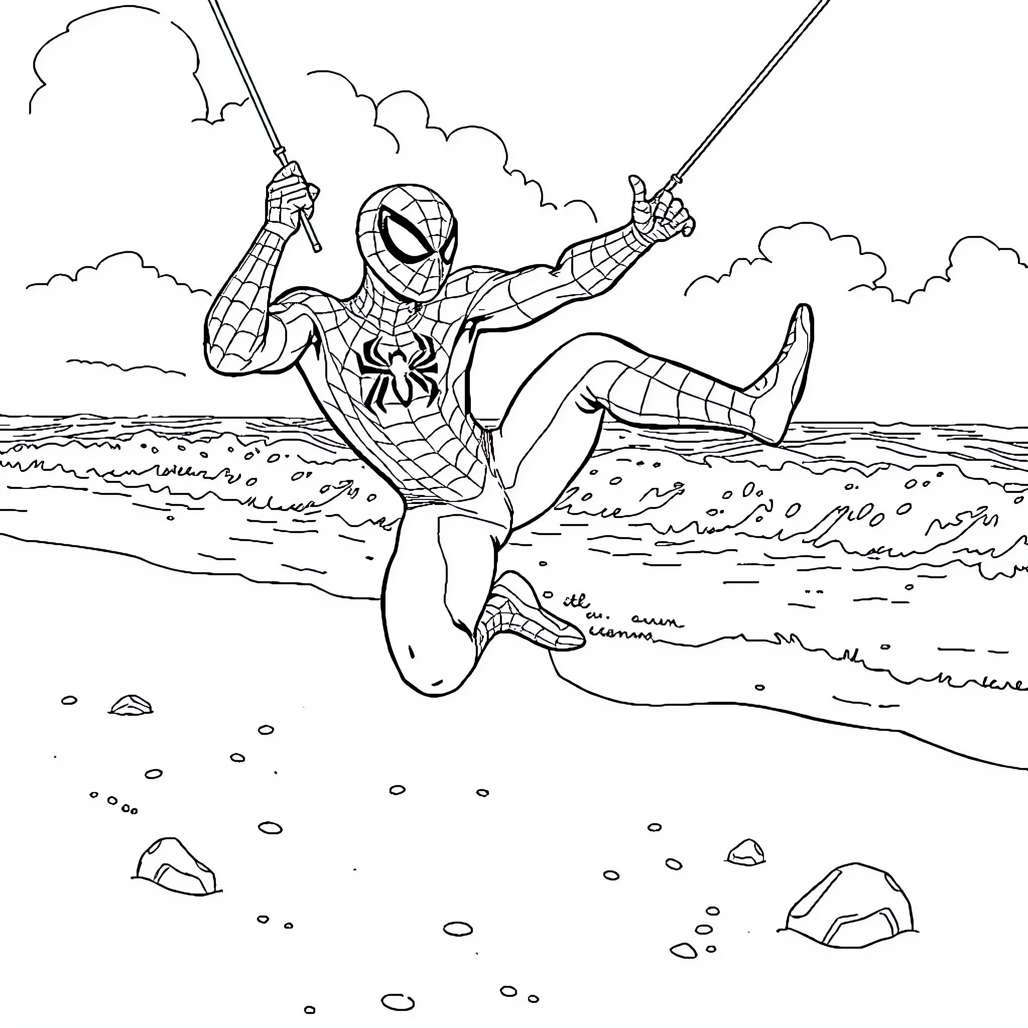 Spiderman swinging gracefully over the beach Coloring Page (free black-and-white line drawing printable PDF for all, from beginners to advanced learners, including children, teens, adults, and seniors)