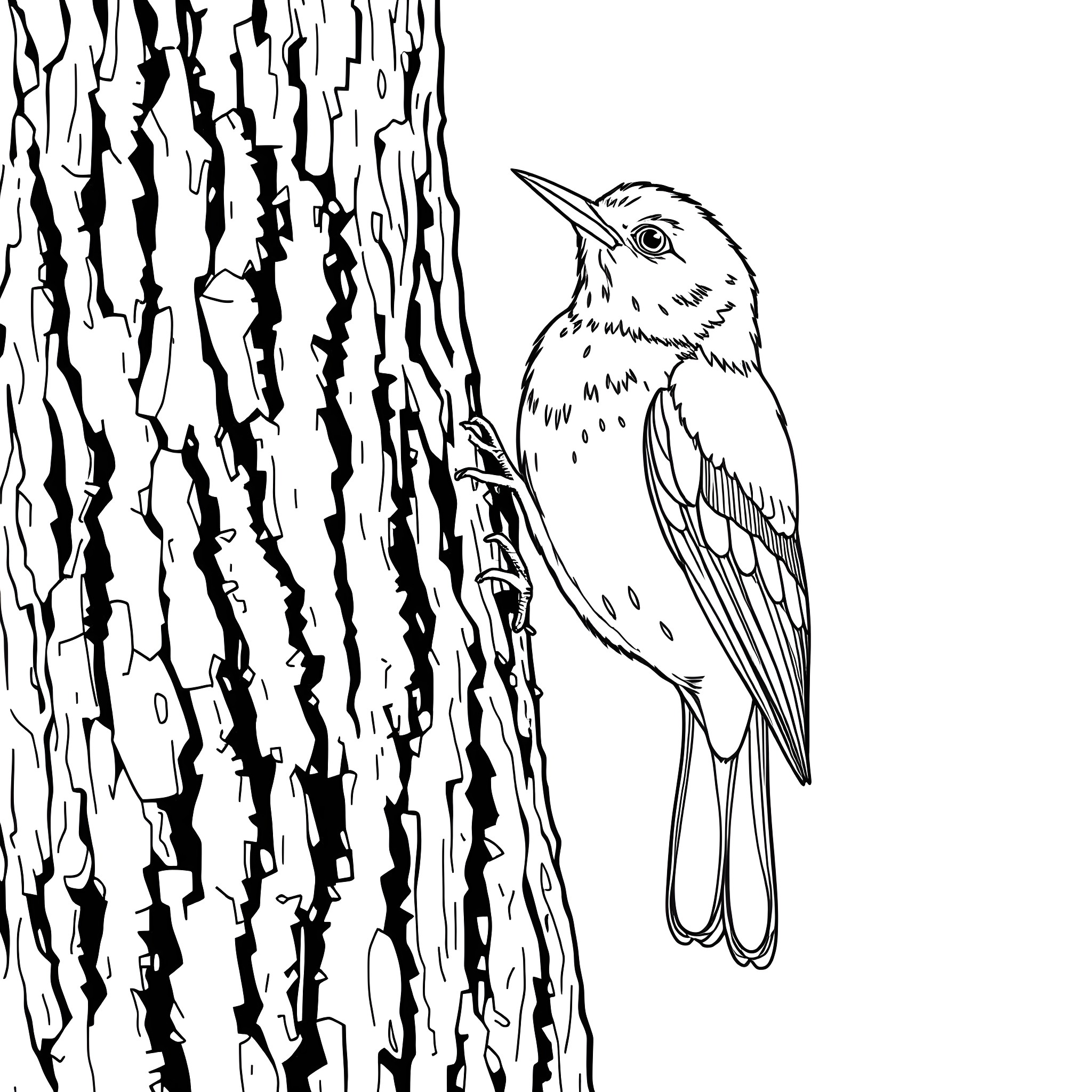 Honeycreeper perched on tree trunk Coloring Page (free black-and-white line drawing printable PDF for all, from beginners to advanced learners, including children, teens, adults, and seniors)