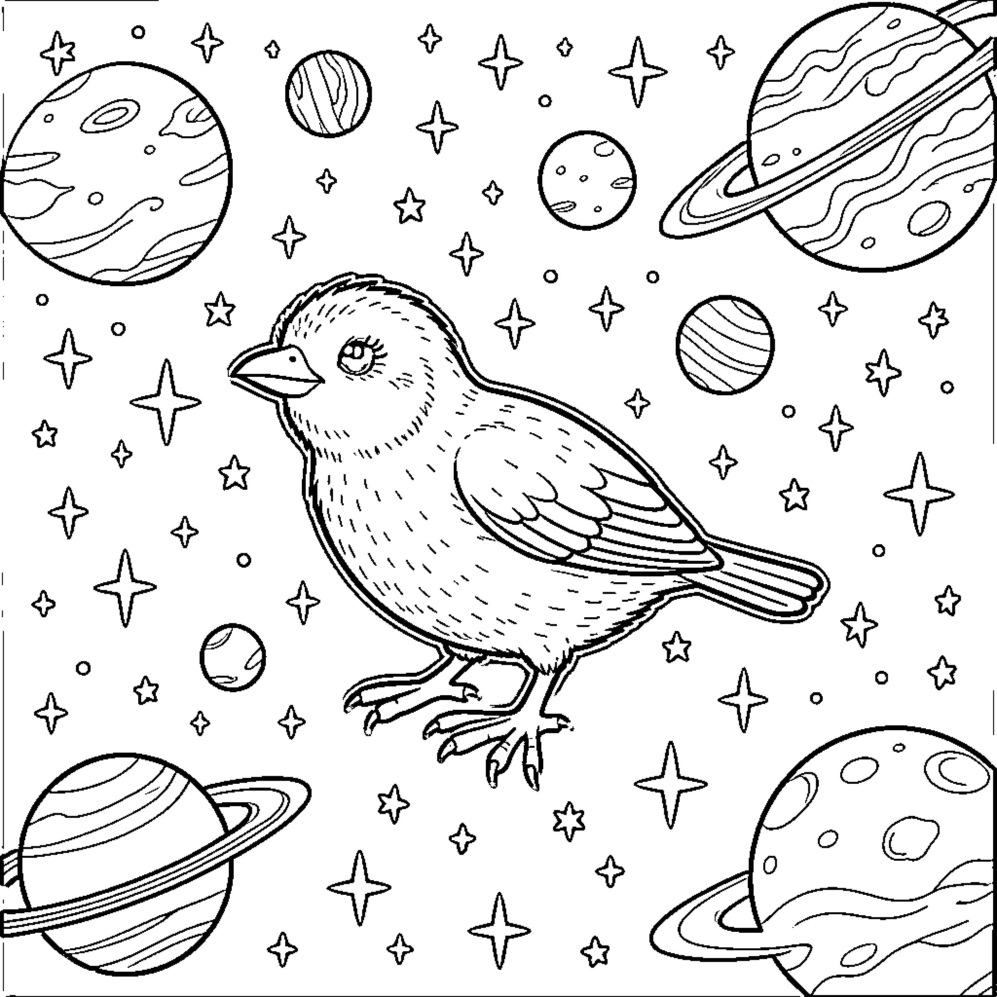 Kiwi bird exploring the starry cosmos Coloring Page (free black-and-white line drawing printable PDF for all, from beginners to advanced learners, including children, teens, adults, and seniors)