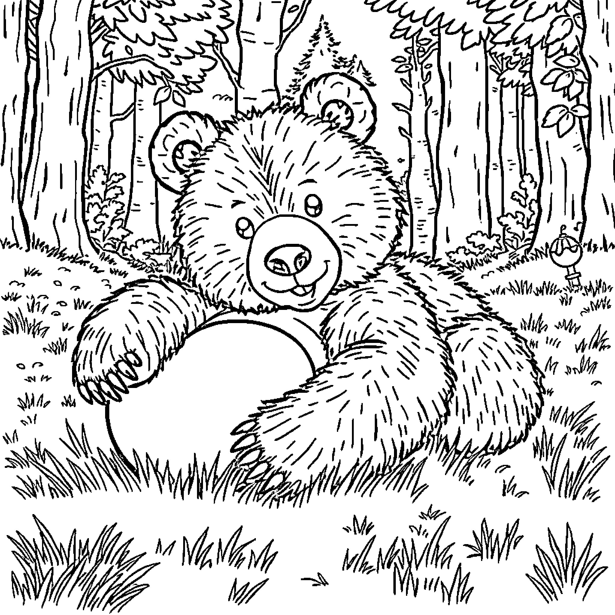 Bear resting peacefully in the forest Coloring Page (free black-and-white line drawing printable PDF for all, from beginners to advanced learners, including children, teens, adults, and seniors)