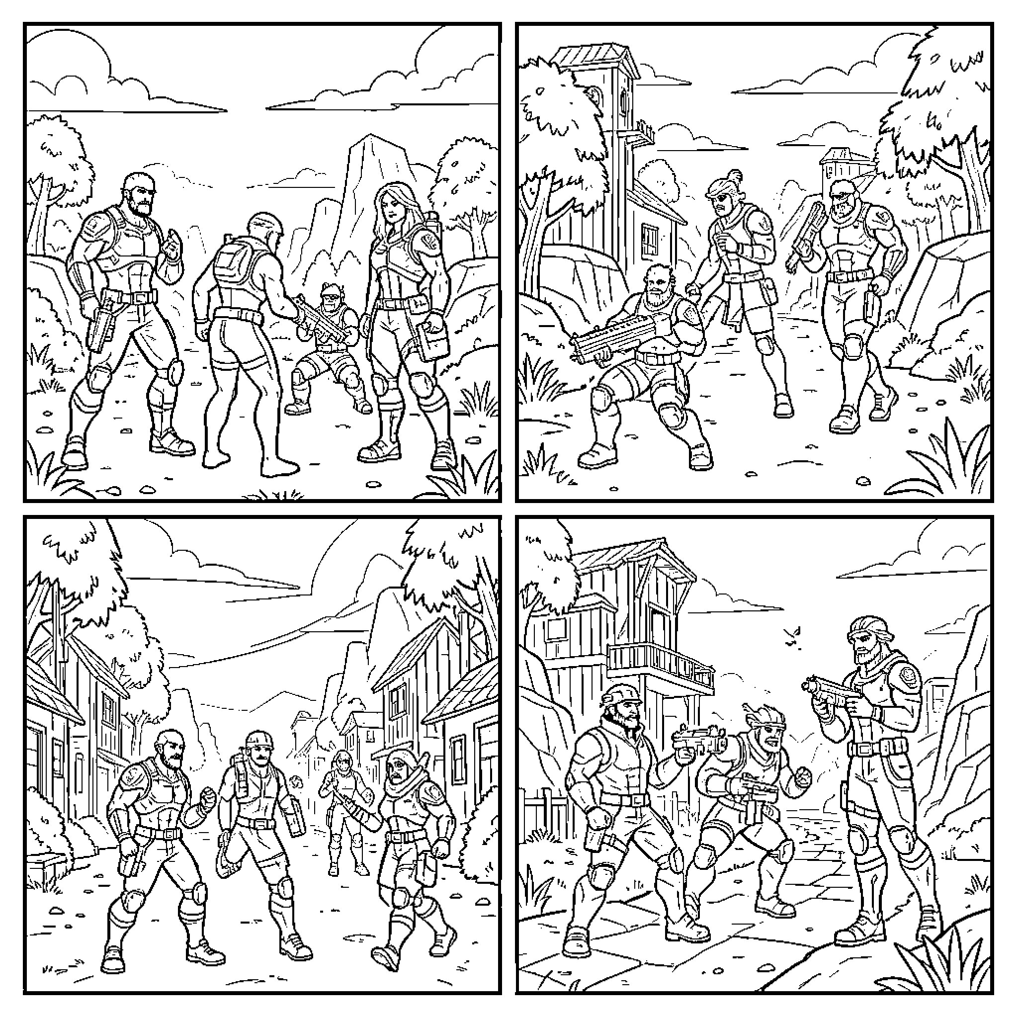 Sprite soldiers exploring a rugged landscape with equipment Coloring Page (free black-and-white line drawing printable PDF for all, from beginners to advanced learners, including children, teens, adults, and seniors)