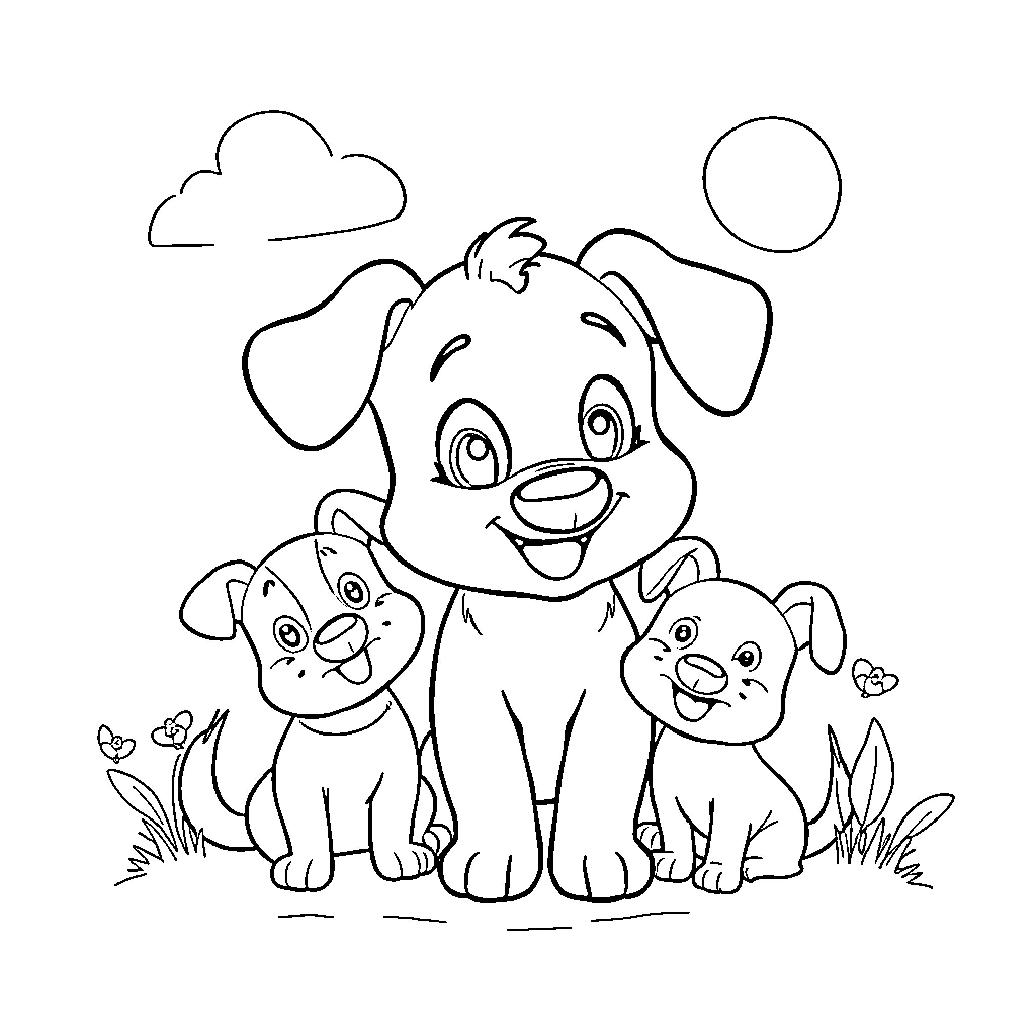 Bluey and her puppies playing outdoors Coloring Page (free black-and-white line drawing printable PDF for all, from beginners to advanced learners, including children, teens, adults, and seniors)