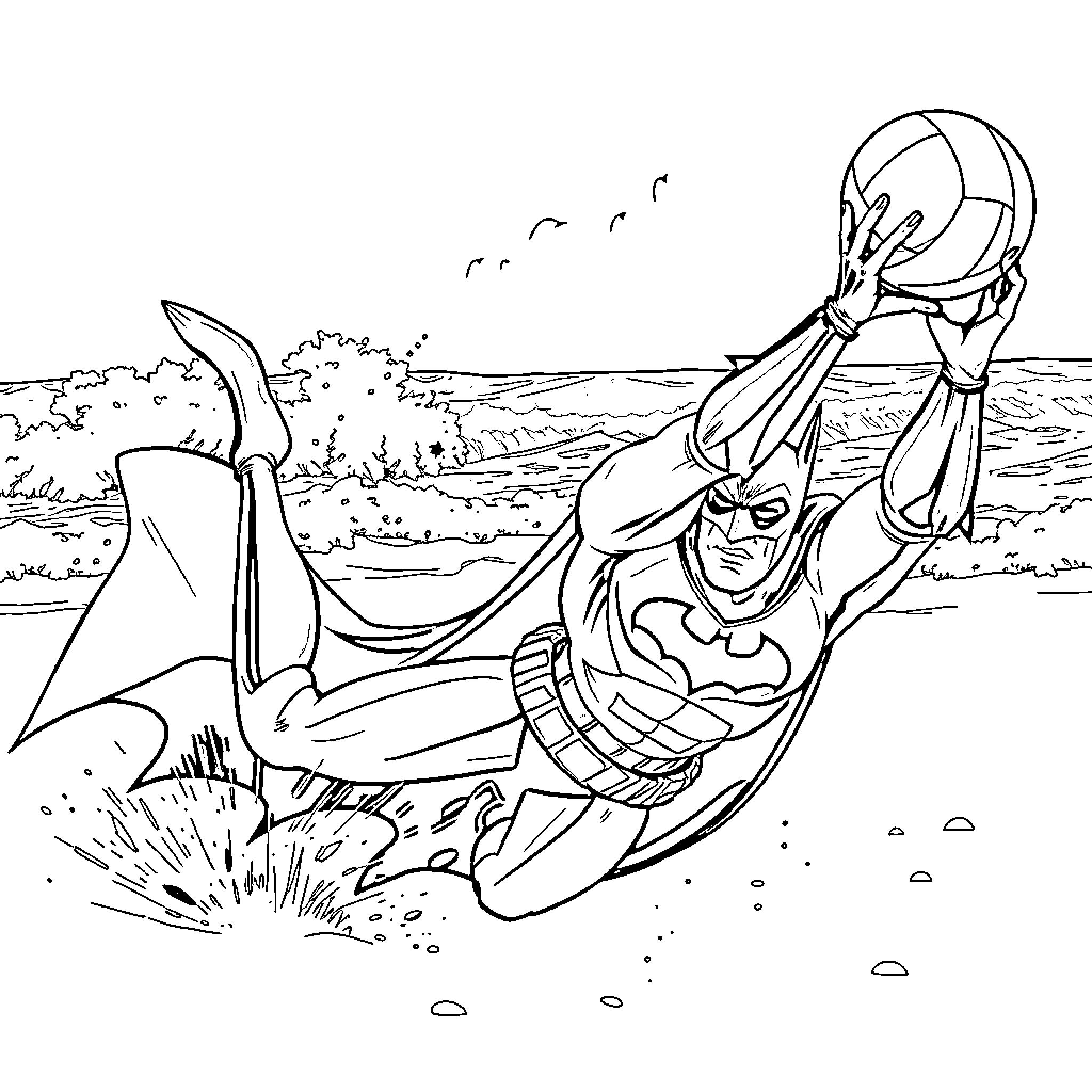 Batman soaring heroically through the sky Coloring Page (free black-and-white line drawing printable PDF for all, from beginners to advanced learners, including children, teens, adults, and seniors)