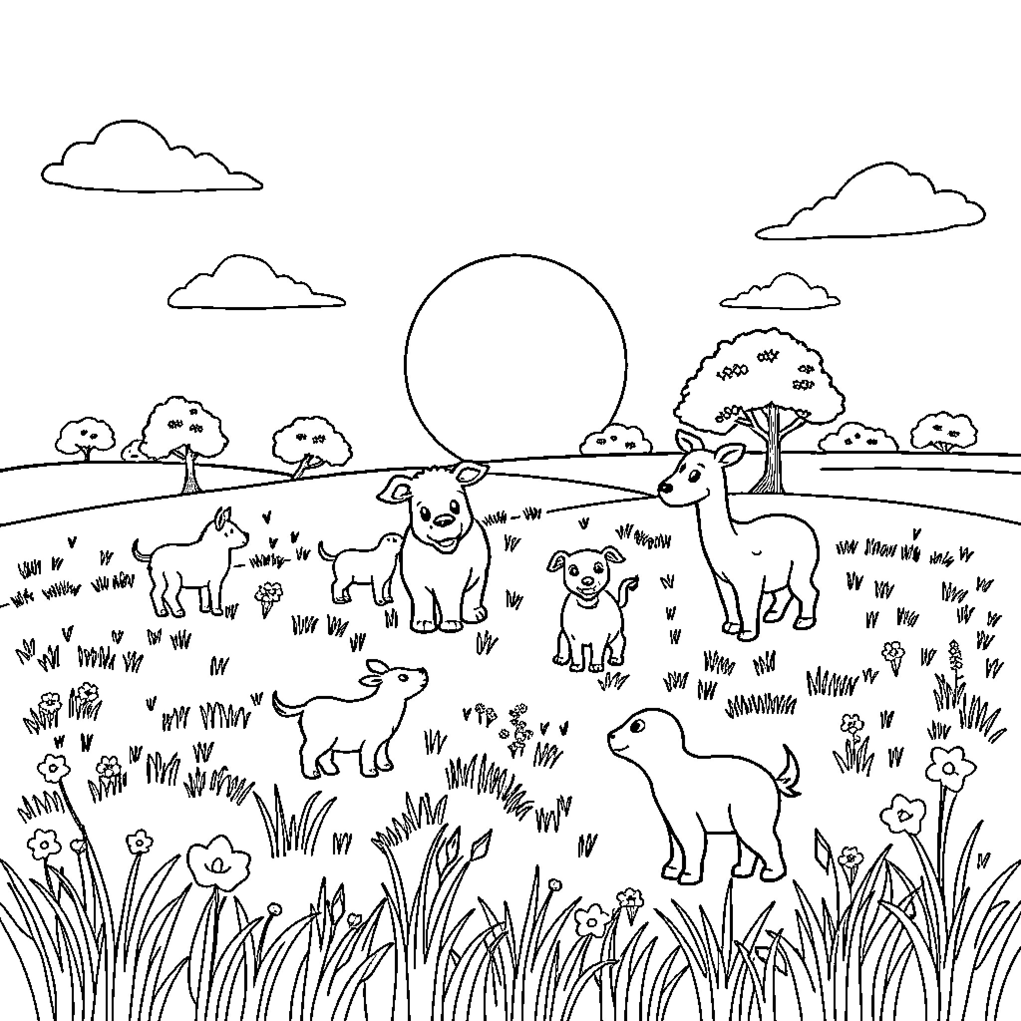 Animal friends playing in nature Coloring Page (free black-and-white line drawing printable PDF for all, from beginners to advanced learners, including children, teens, adults, and seniors)