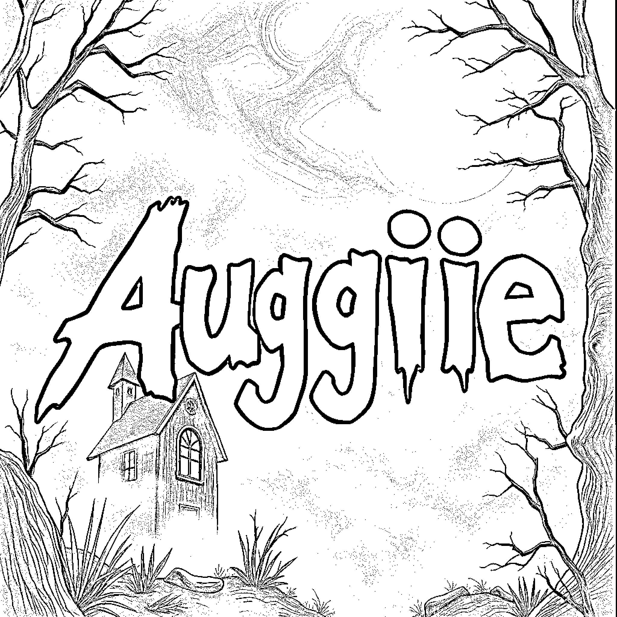 Auggie's Spooky Adventure in the Haunted Forest Coloring Page (free black-and-white line drawing printable PDF for all, from beginners to advanced learners, including children, teens, adults, and seniors)