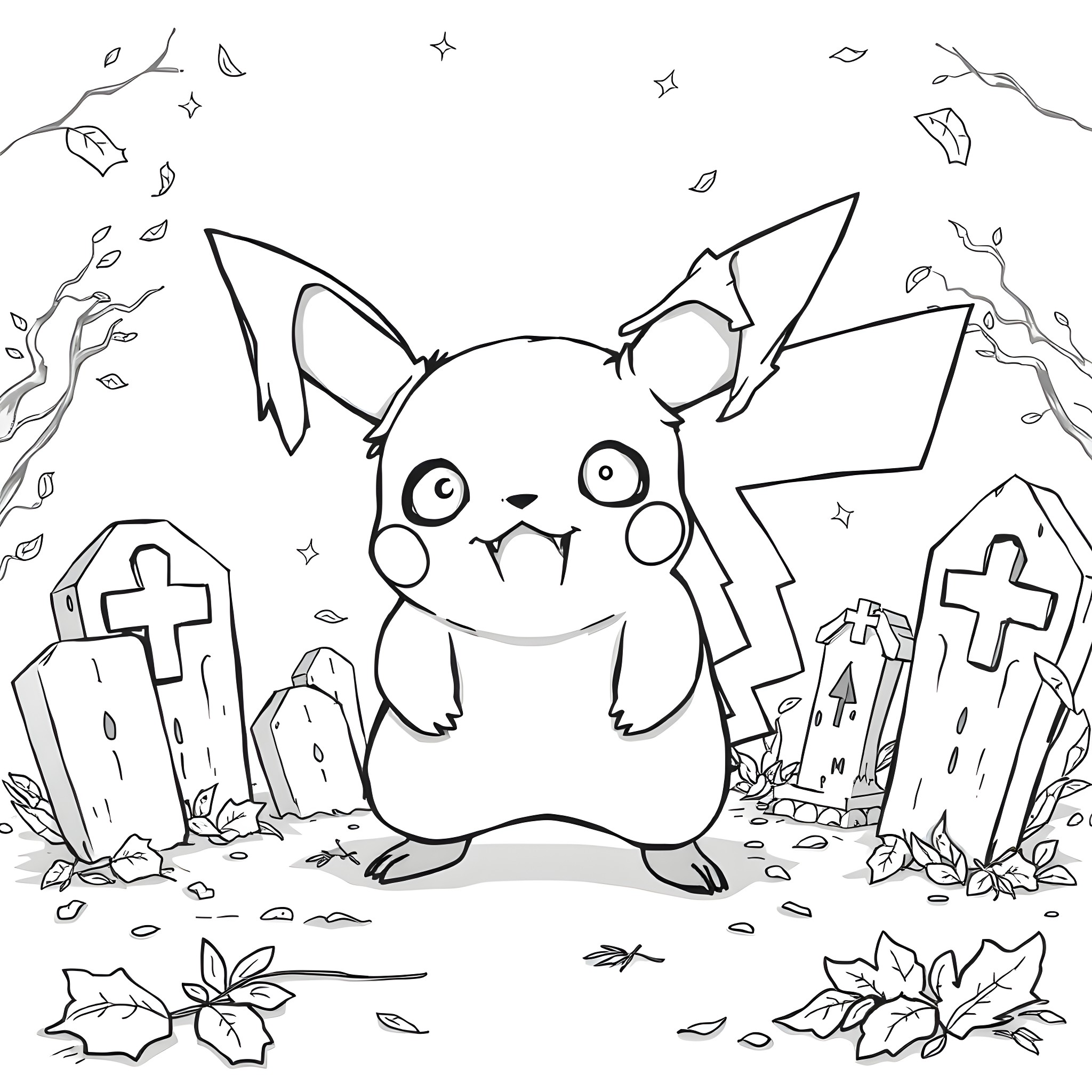 Zombie Pikachu in a spooky graveyard Coloring Page (free black-and-white line drawing printable PDF for all, from beginners to advanced learners, including children, teens, adults, and seniors)
