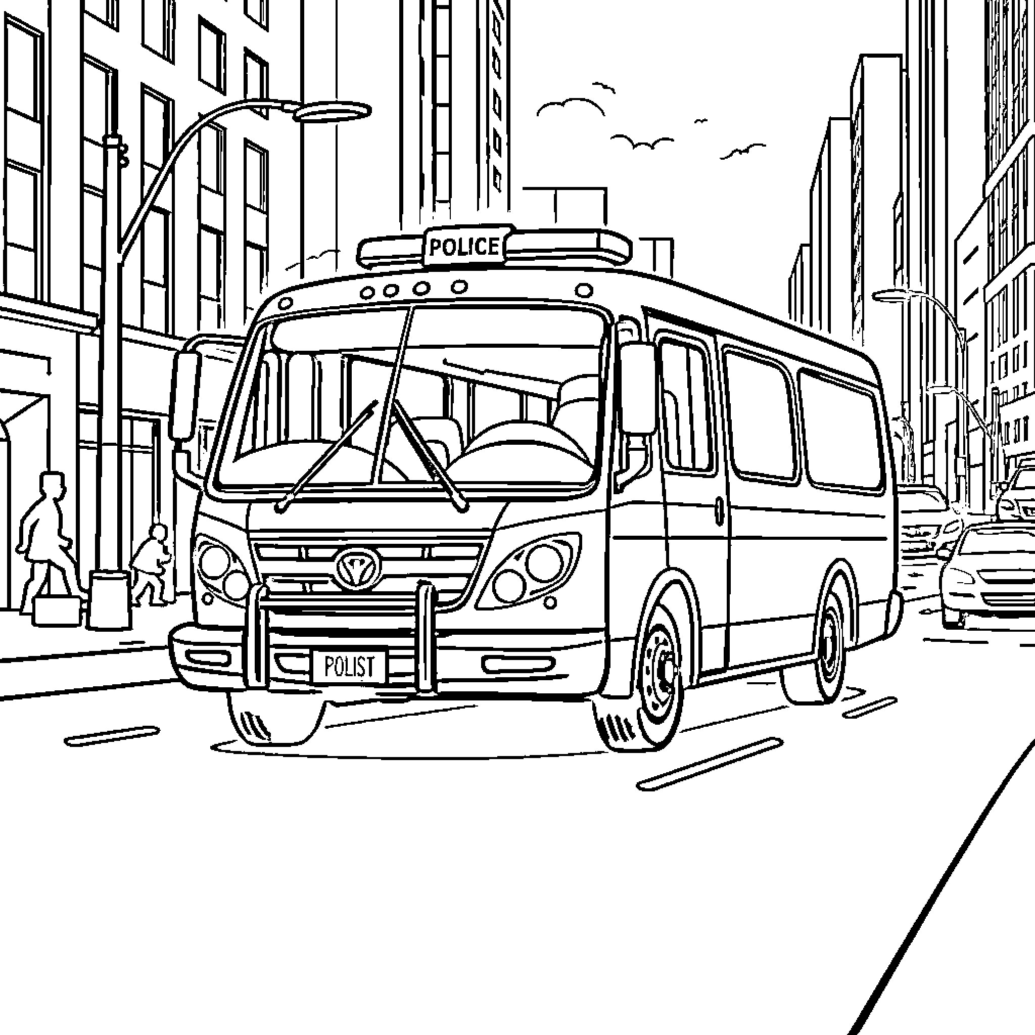Patrullabus - Police Van in Bustling City Street Coloring Page (free black-and-white line drawing printable PDF for all, from beginners to advanced learners, including children, teens, adults, and seniors)