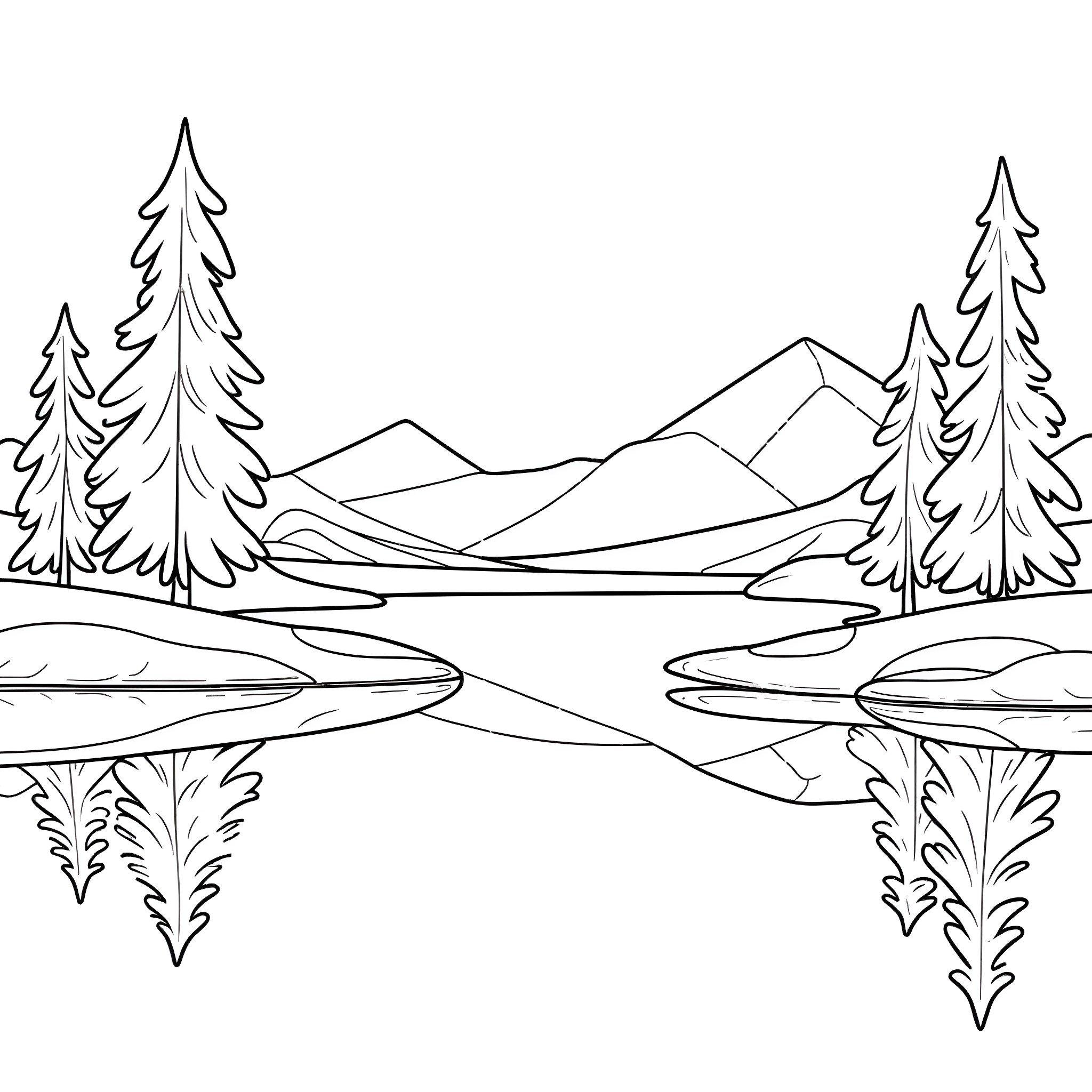 Photo of a serene mountain landscape with pine trees Coloring Page (free black-and-white line drawing printable PDF for all, from beginners to advanced learners, including children, teens, adults, and seniors)