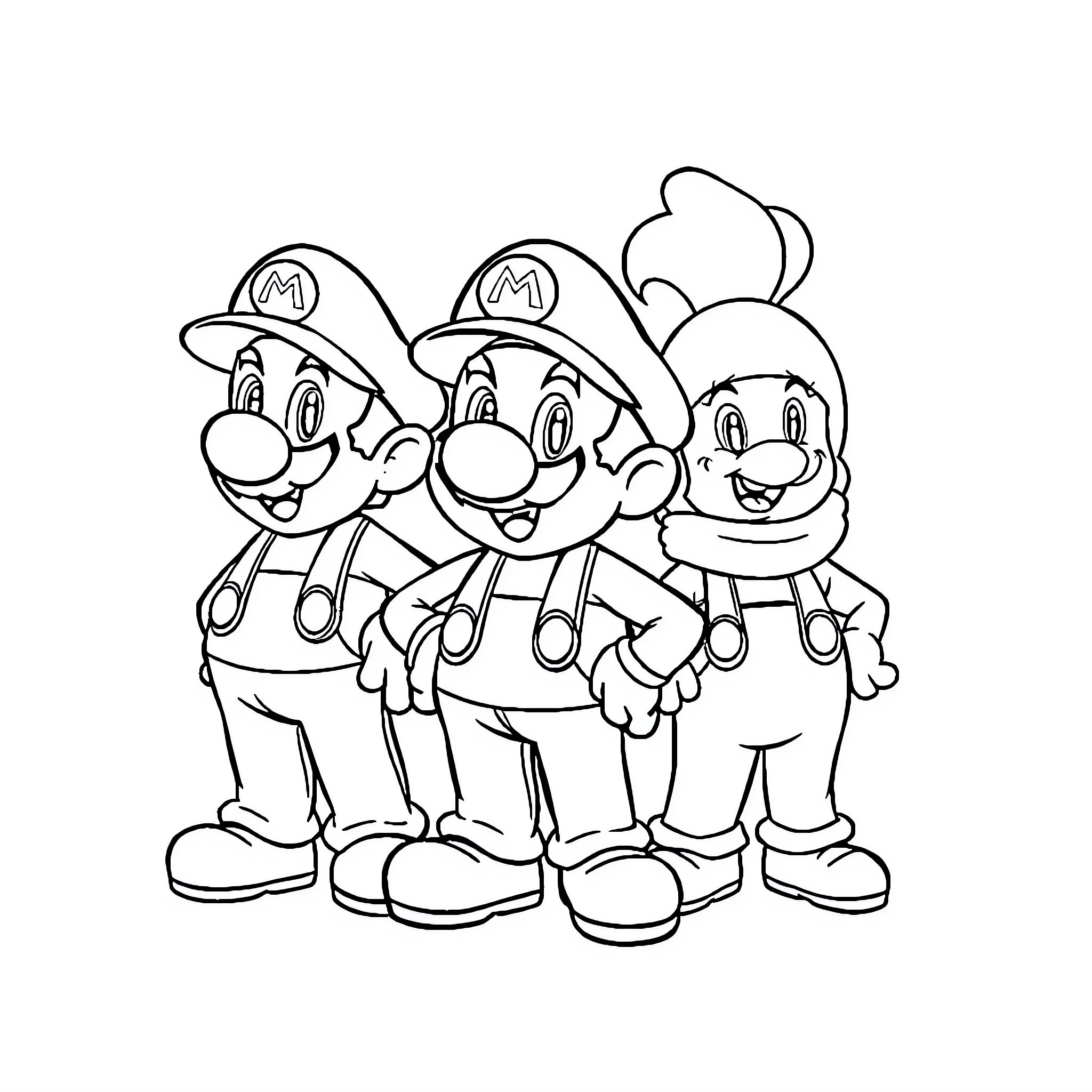 Mario Brothers in Playful Poses Coloring Page (free black-and-white line drawing printable PDF for all, from beginners to advanced learners, including children, teens, adults, and seniors)