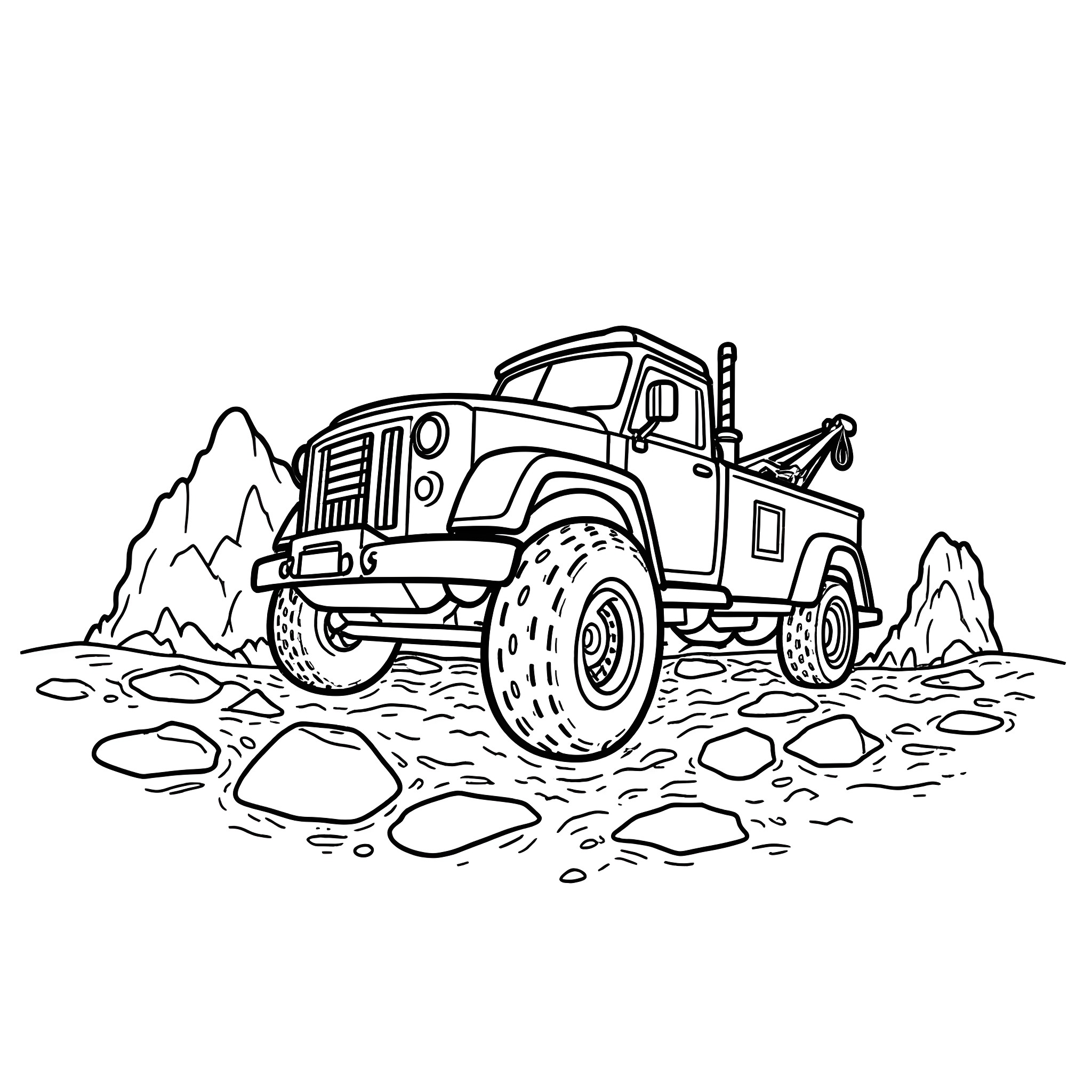Pickup Truck Navigating Rugged Terrain Coloring Page (free black-and-white line drawing printable PDF for all, from beginners to advanced learners, including children, teens, adults, and seniors)