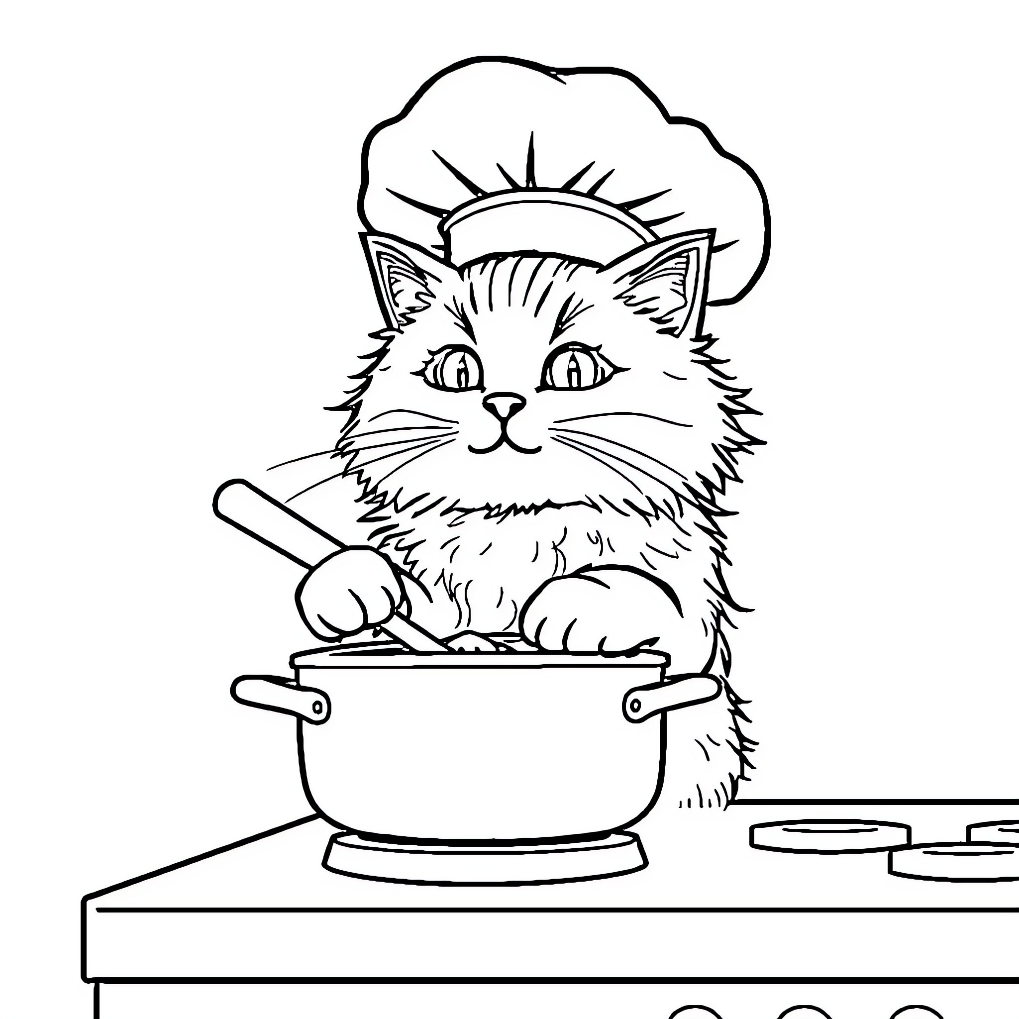 Cat chef cooking in the kitchen Coloring Page (free black-and-white line drawing printable PDF for all, from beginners to advanced learners, including children, teens, adults, and seniors)