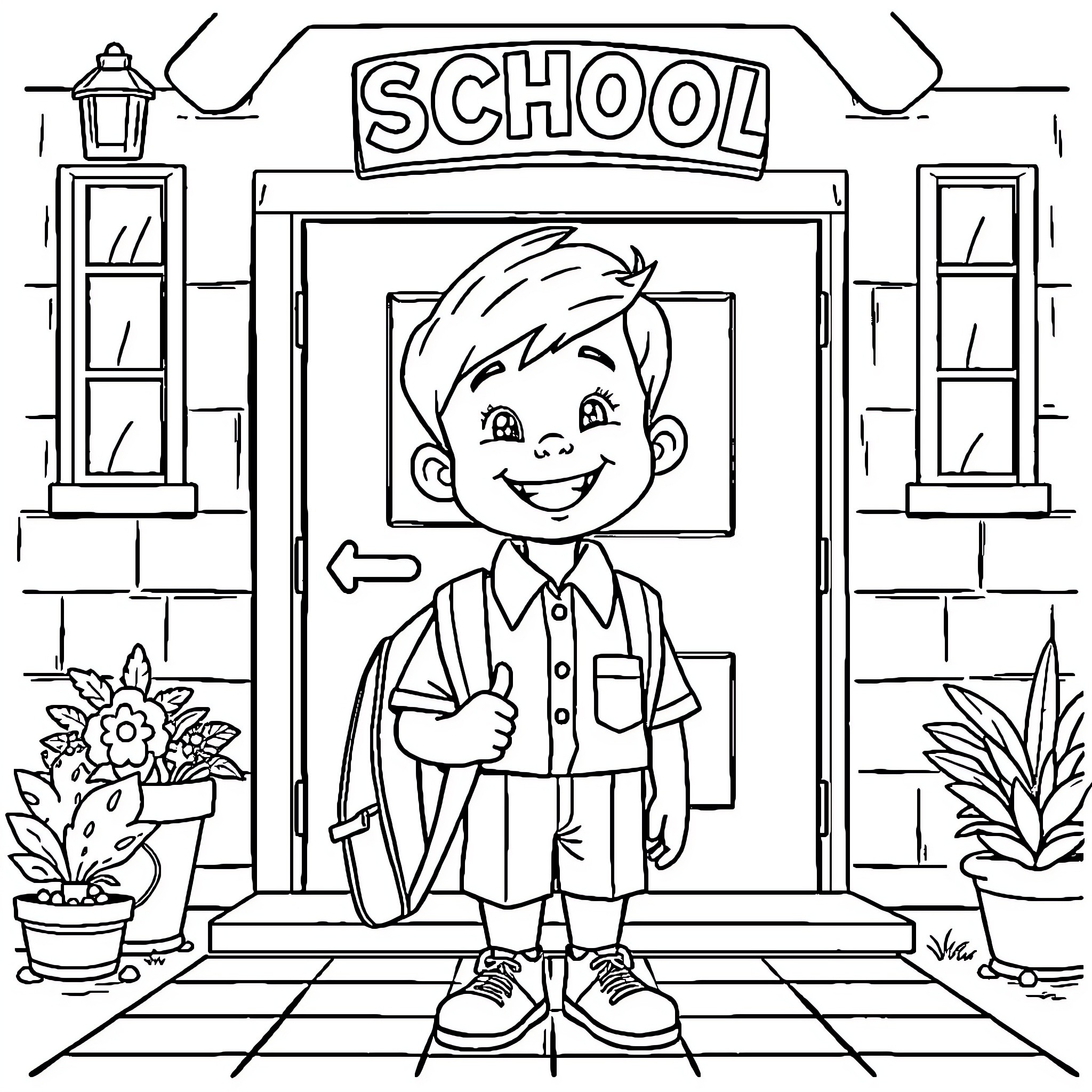 Boy happily walking towards school Coloring Page (free black-and-white line drawing printable PDF for all, from beginners to advanced learners, including children, teens, adults, and seniors)