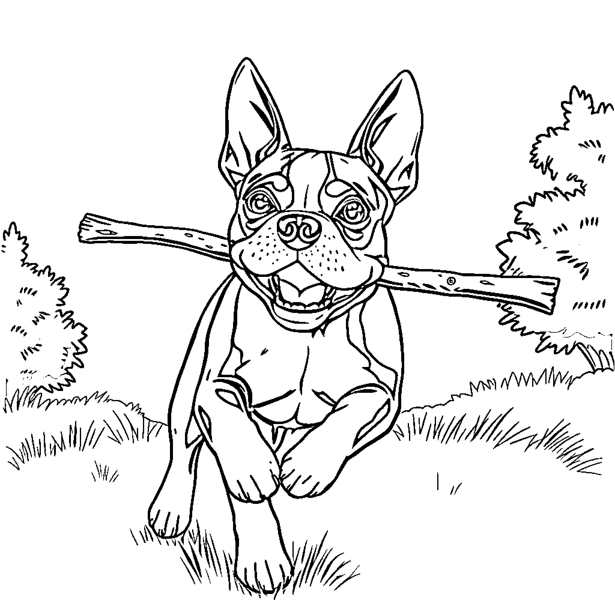 Boston Terrier playing happily in the grass Coloring Page (free black-and-white line drawing printable PDF for all, from beginners to advanced learners, including children, teens, adults, and seniors)