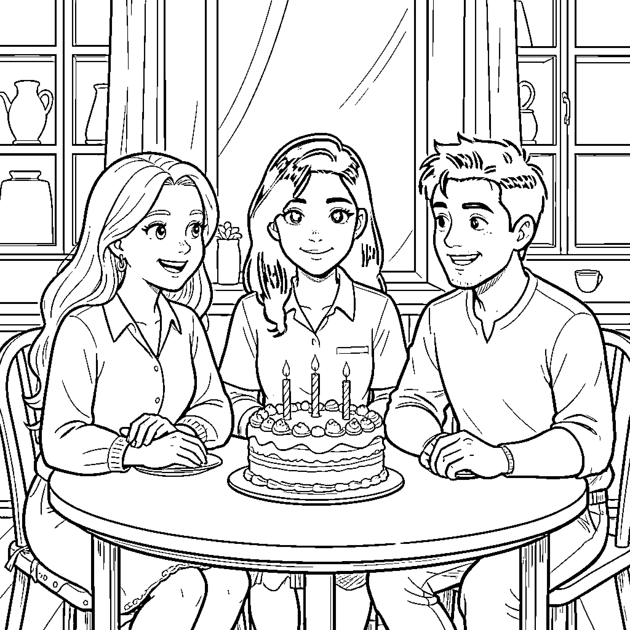 Tart celebration with friends sharing a birthday cake Coloring Page (free black-and-white line drawing printable PDF for all, from beginners to advanced learners, including children, teens, adults, and seniors)