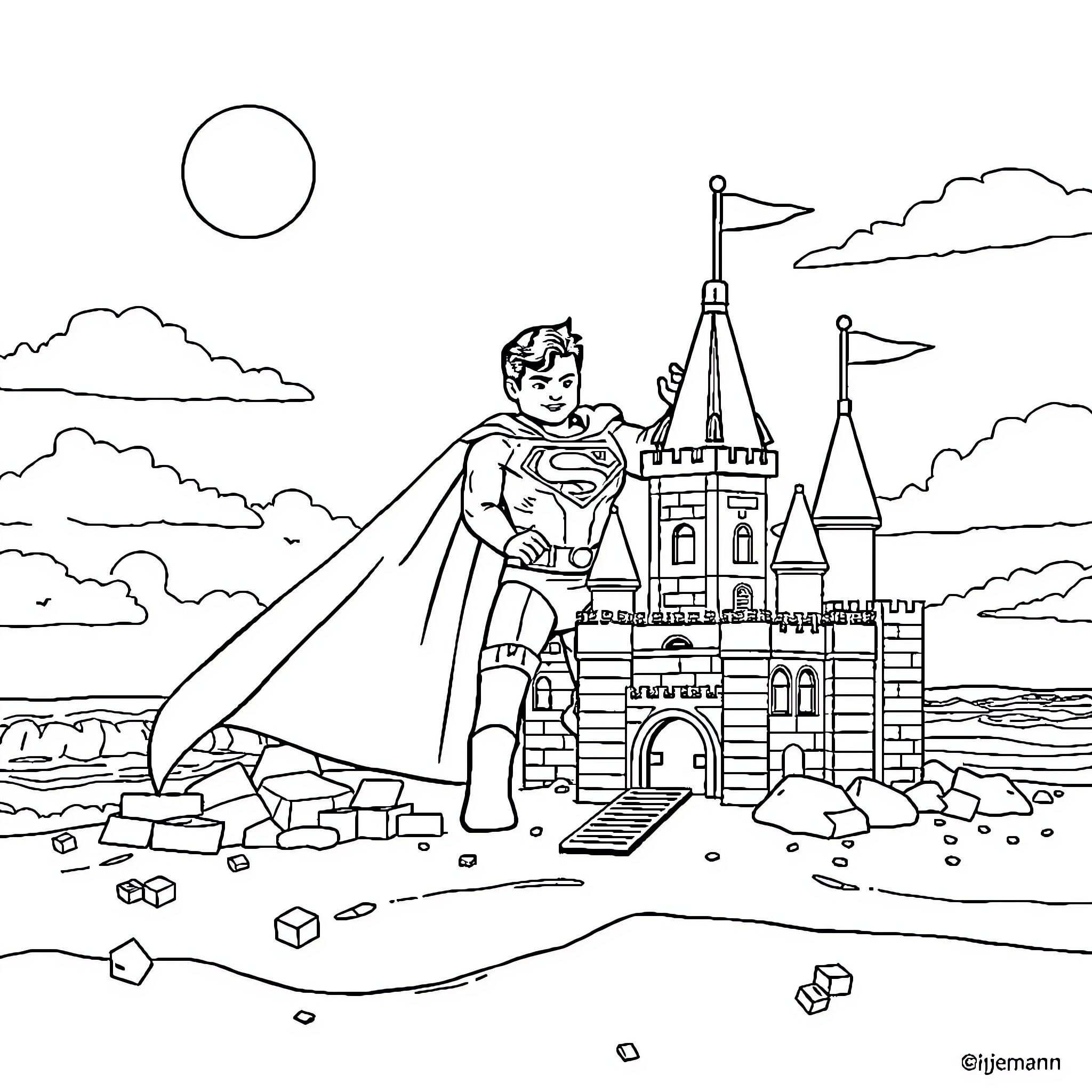Superman protecting the castle from danger Coloring Page (free black-and-white line drawing printable PDF for all, from beginners to advanced learners, including children, teens, adults, and seniors)