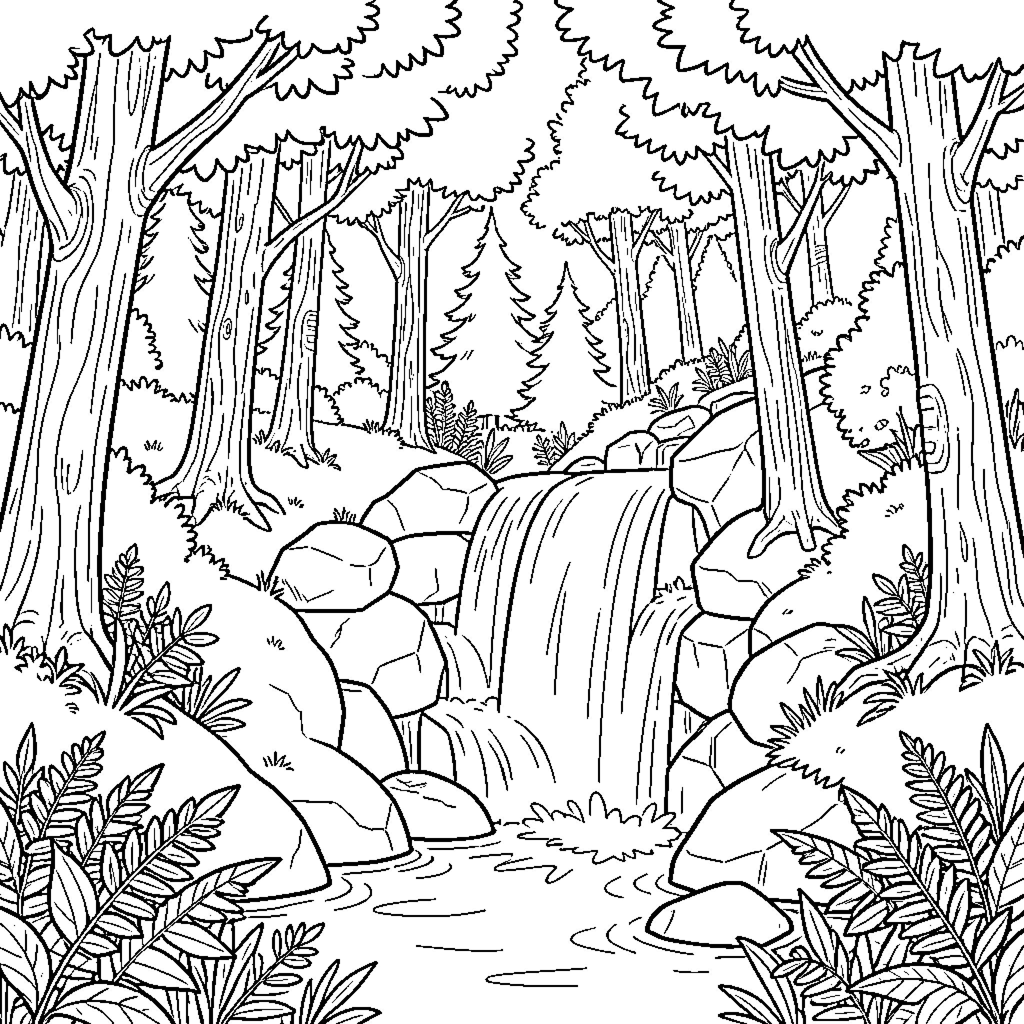 Waterfall flowing through a peaceful forest landscape Coloring Page (free black-and-white line drawing printable PDF for all, from beginners to advanced learners, including children, teens, adults, and seniors)