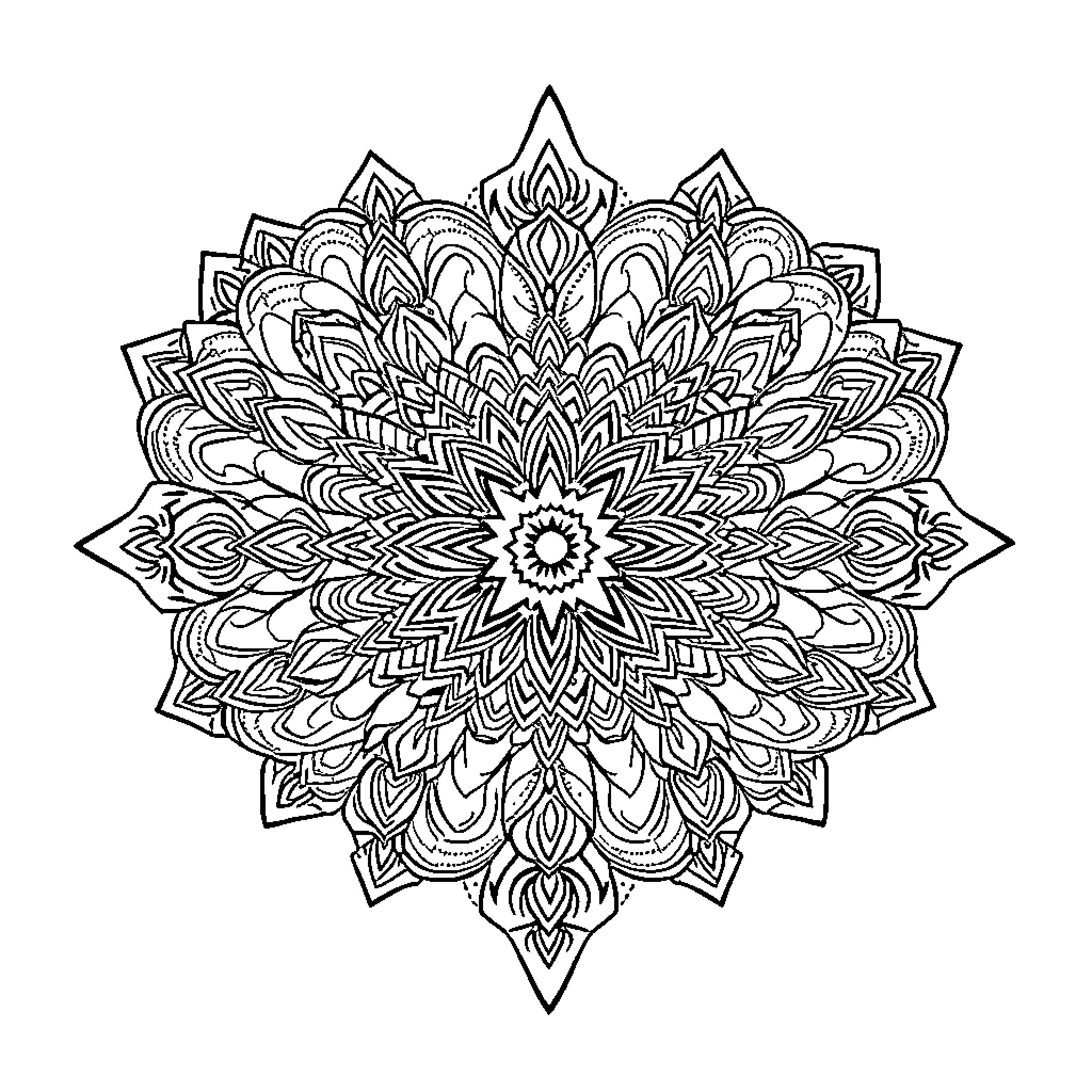 Heart Mandala Flower Intricate Design Coloring Page (free black-and-white line drawing printable PDF for all, from beginners to advanced learners, including children, teens, adults, and seniors)