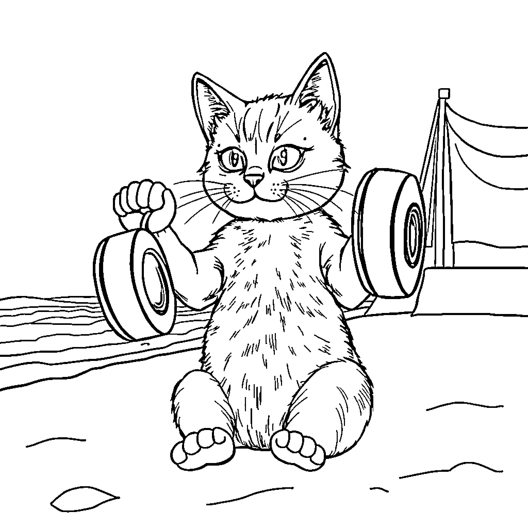 Cat playing with toys in a room Coloring Page (free black-and-white line drawing printable PDF for all, from beginners to advanced learners, including children, teens, adults, and seniors)