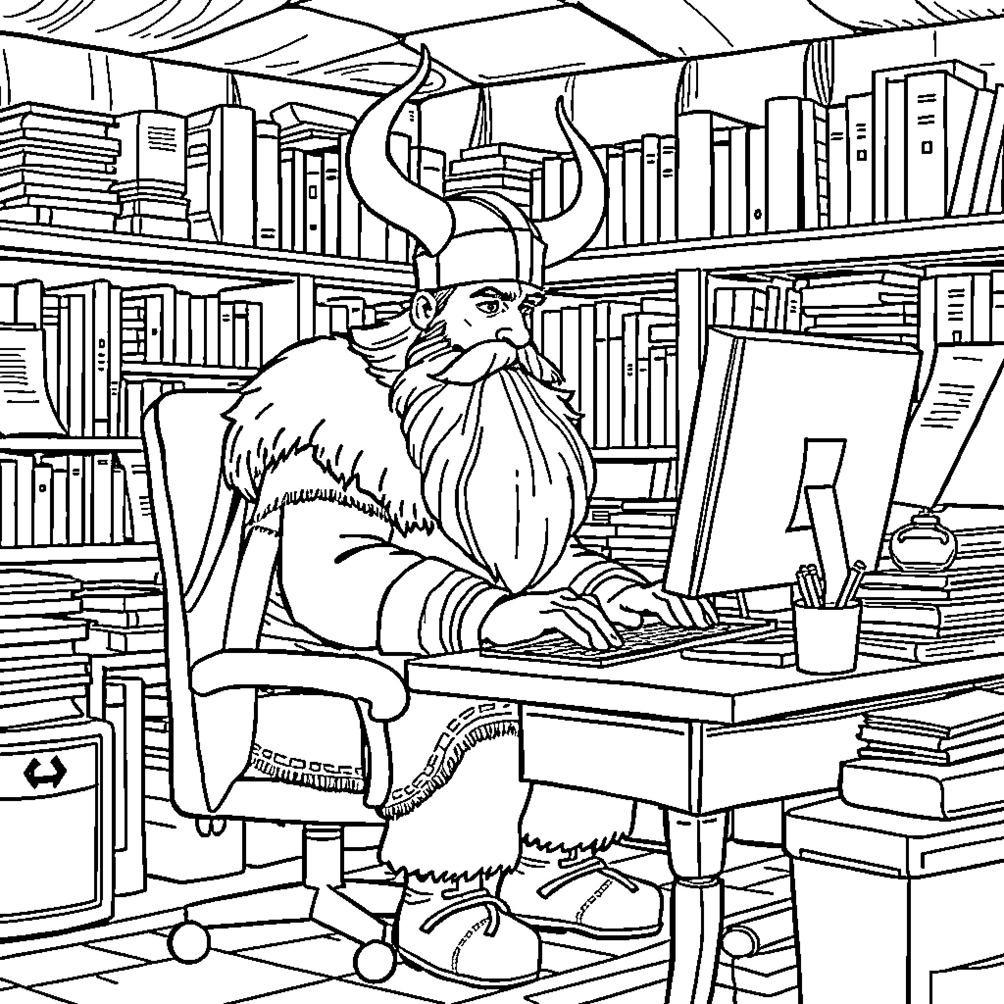 Viking Scholar at Work in Library Coloring Page (free black-and-white line drawing printable PDF for all, from beginners to advanced learners, including children, teens, adults, and seniors)