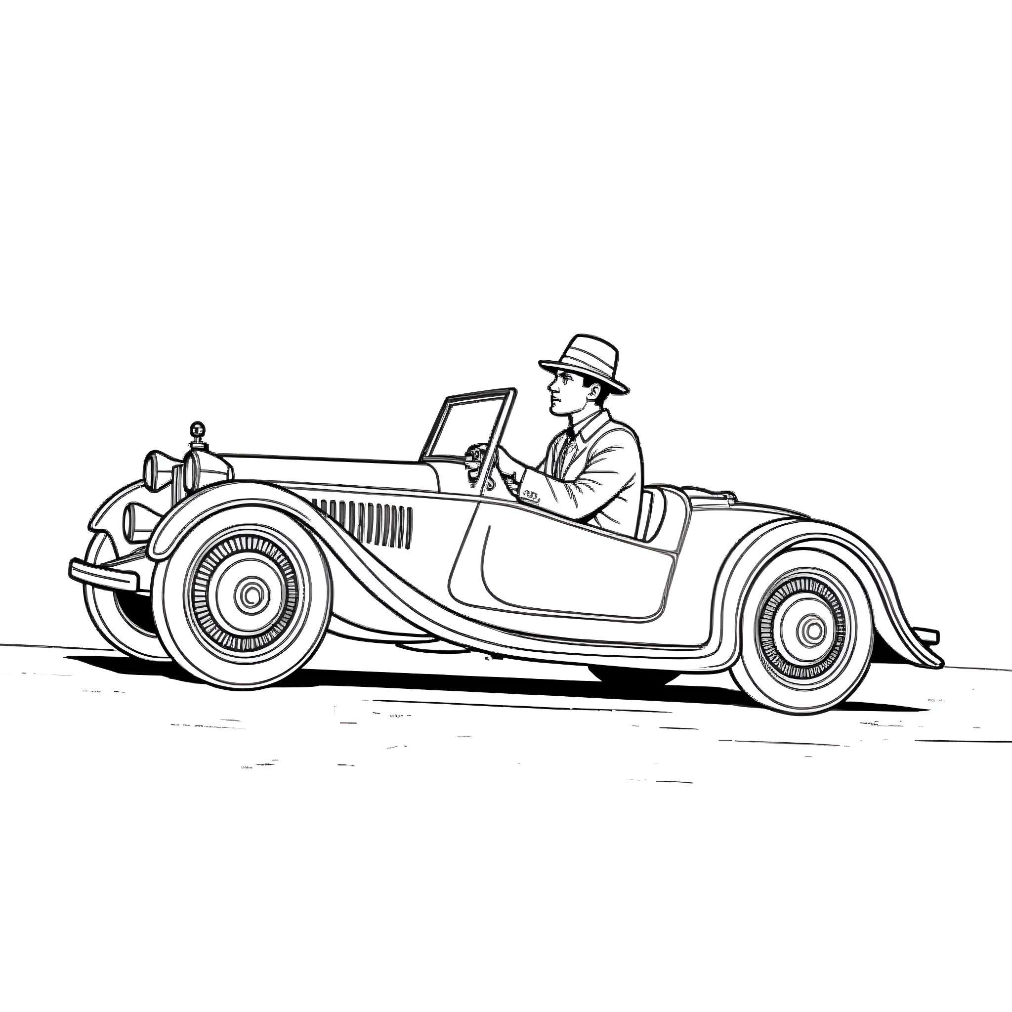 Gangster driving vintage sports car Coloring Page (free black-and-white line drawing printable PDF for all, from beginners to advanced learners, including children, teens, adults, and seniors)