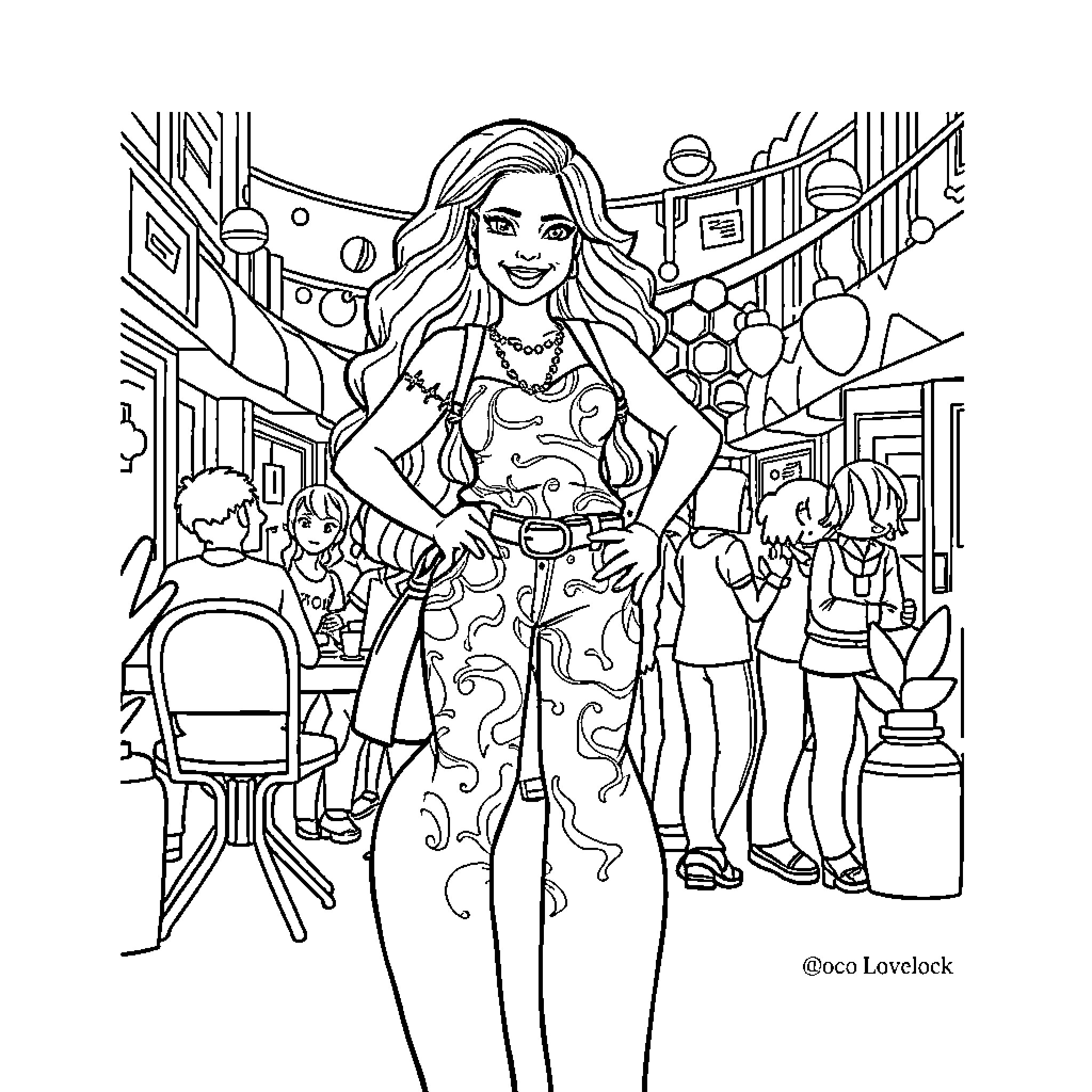Coco Enjoying a Lively Day Out Coloring Page (free black-and-white line drawing printable PDF for all, from beginners to advanced learners, including children, teens, adults, and seniors)