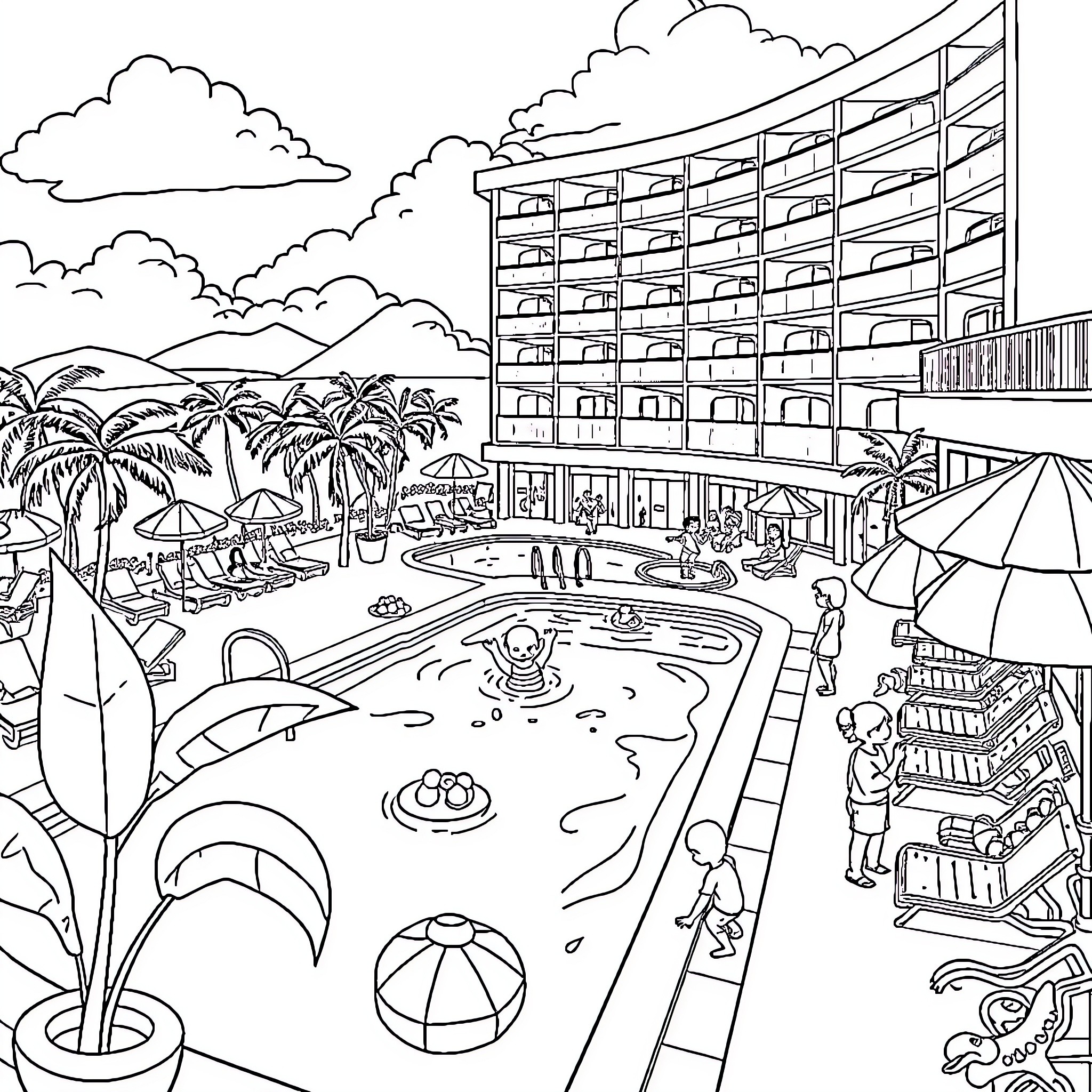 Hotel Resort with Tropical Scenery and Pool Coloring Page (free black-and-white line drawing printable PDF for all, from beginners to advanced learners, including children, teens, adults, and seniors)