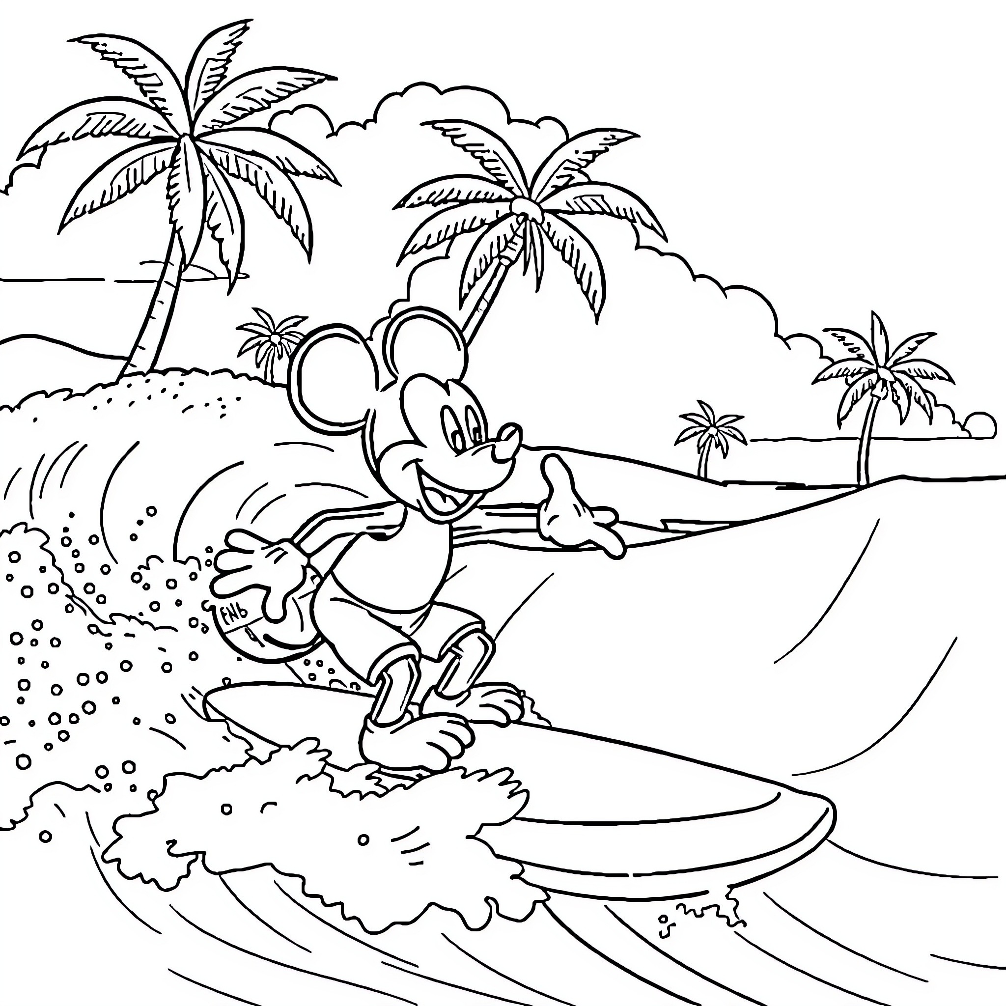 Mickey Mouse surfing on tropical beach Coloring Page (free black-and-white line drawing printable PDF for all, from beginners to advanced learners, including children, teens, adults, and seniors)
