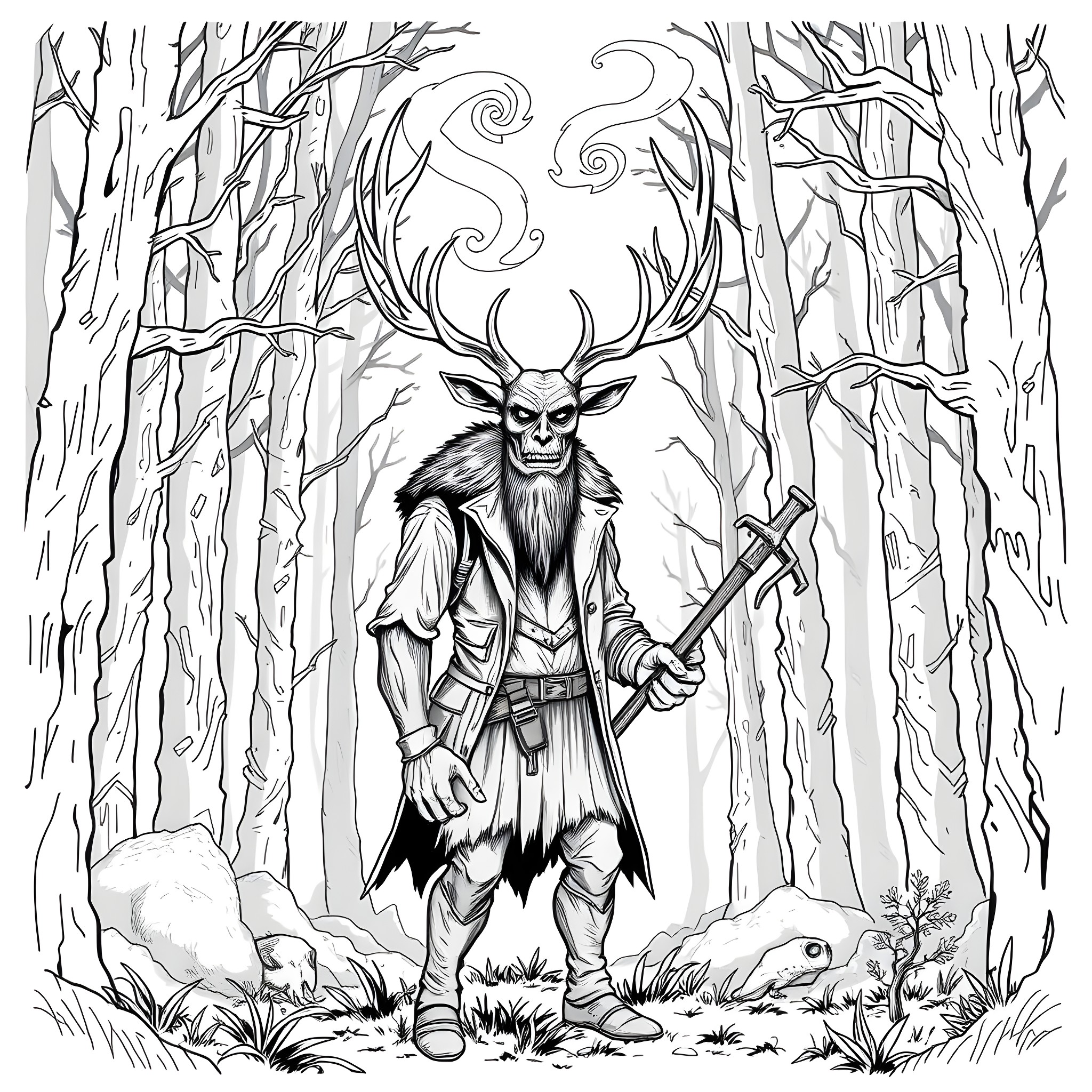 Hunter wielding axe in mysterious forest Coloring Page (free black-and-white line drawing printable PDF for all, from beginners to advanced learners, including children, teens, adults, and seniors)