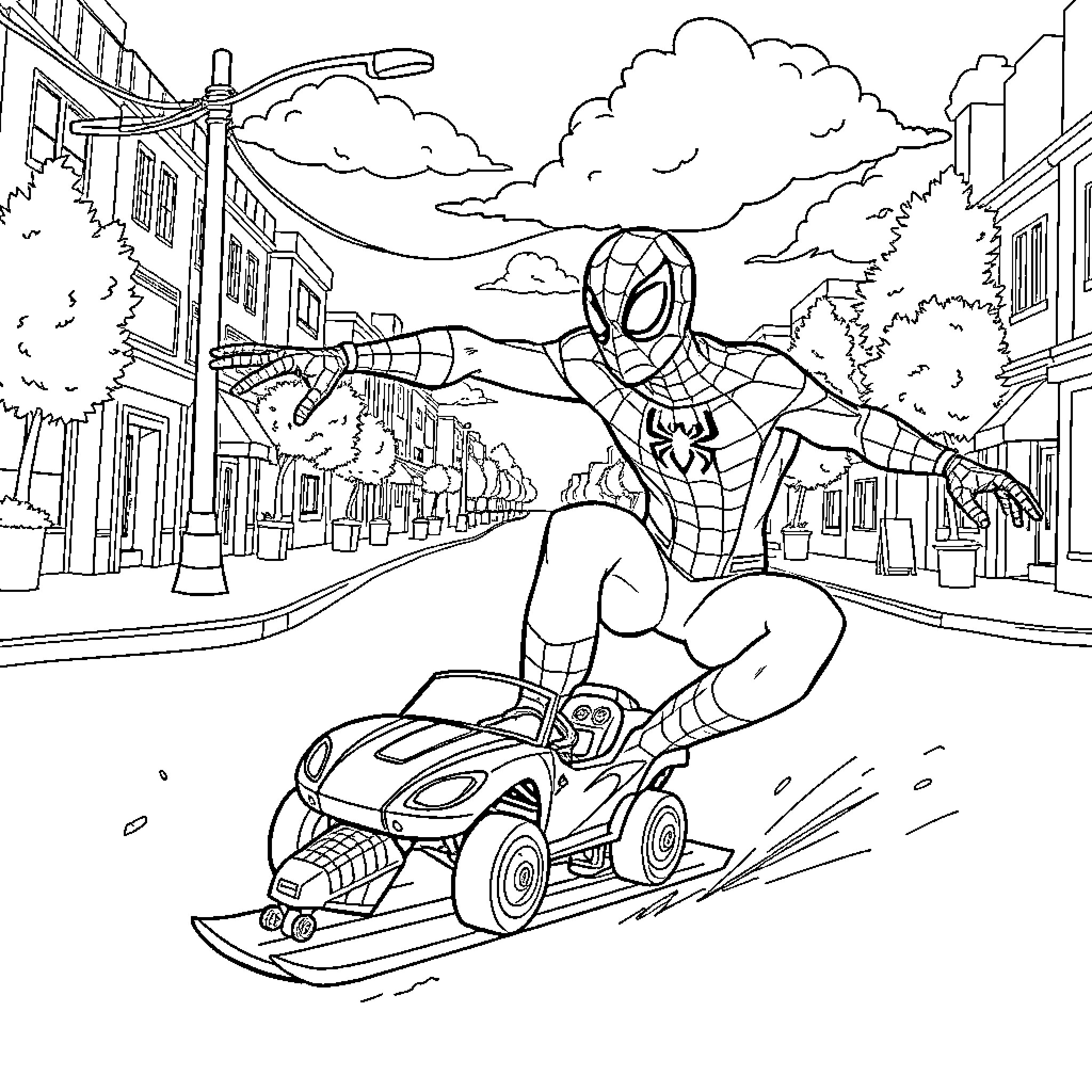 Spiderman riding an ATV through a city street Coloring Page (free black-and-white line drawing printable PDF for all, from beginners to advanced learners, including children, teens, adults, and seniors)