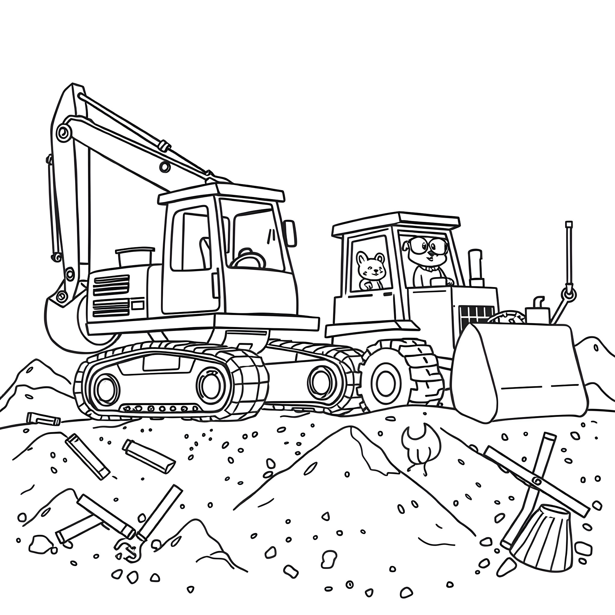 Excavator digging and loading materials on construction site Coloring Page (free black-and-white line drawing printable PDF for all, from beginners to advanced learners, including children, teens, adults, and seniors)