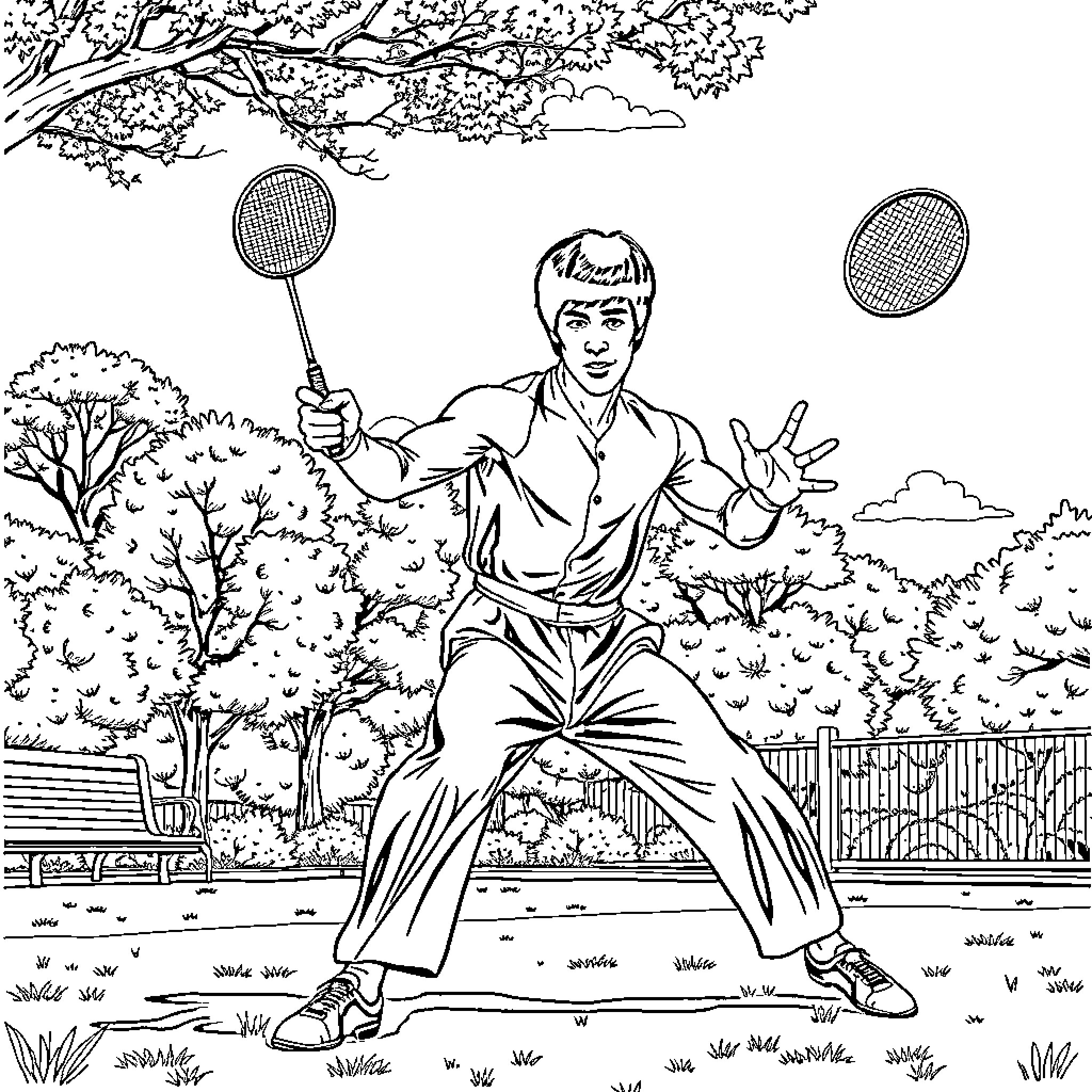 Bruce Lee demonstrating martial arts skills in a park setting Coloring Page (free black-and-white line drawing printable PDF for all, from beginners to advanced learners, including children, teens, adults, and seniors)