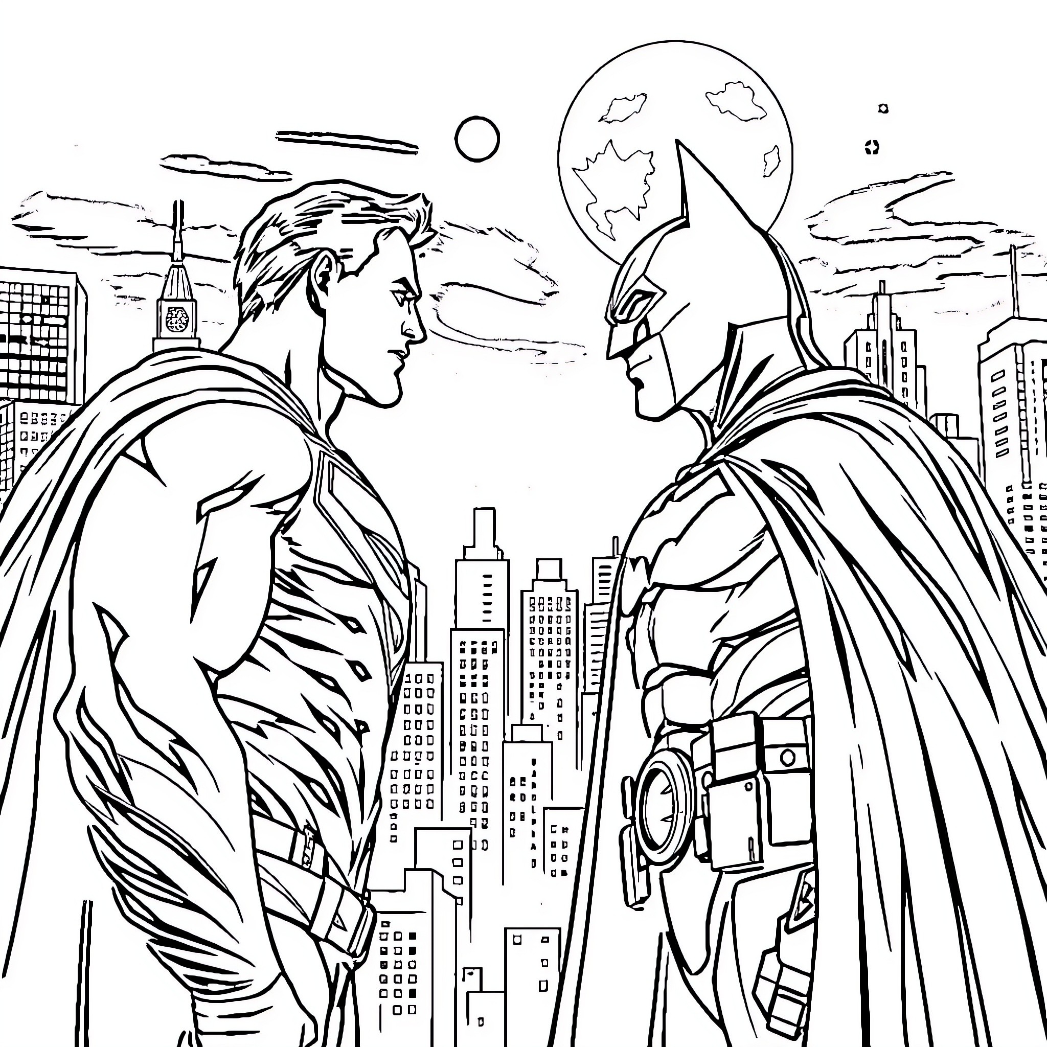 Superman's Heroic Encounter in the City Coloring Page (free black-and-white line drawing printable PDF for all, from beginners to advanced learners, including children, teens, adults, and seniors)