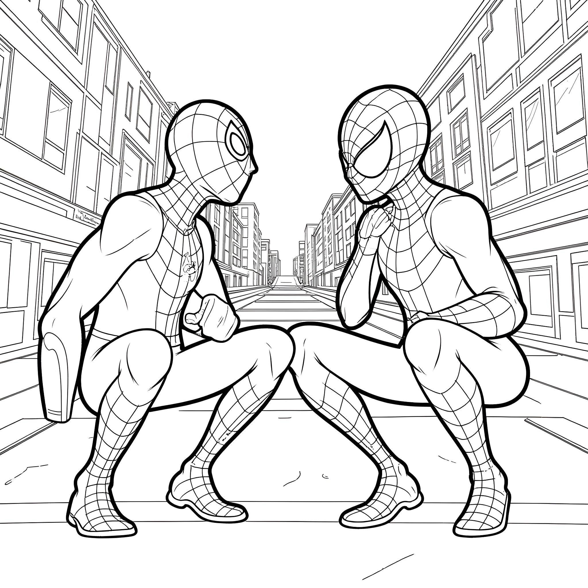 Spider-Man swinging through the city with a friend Coloring Page (free black-and-white line drawing printable PDF for all, from beginners to advanced learners, including children, teens, adults, and seniors)