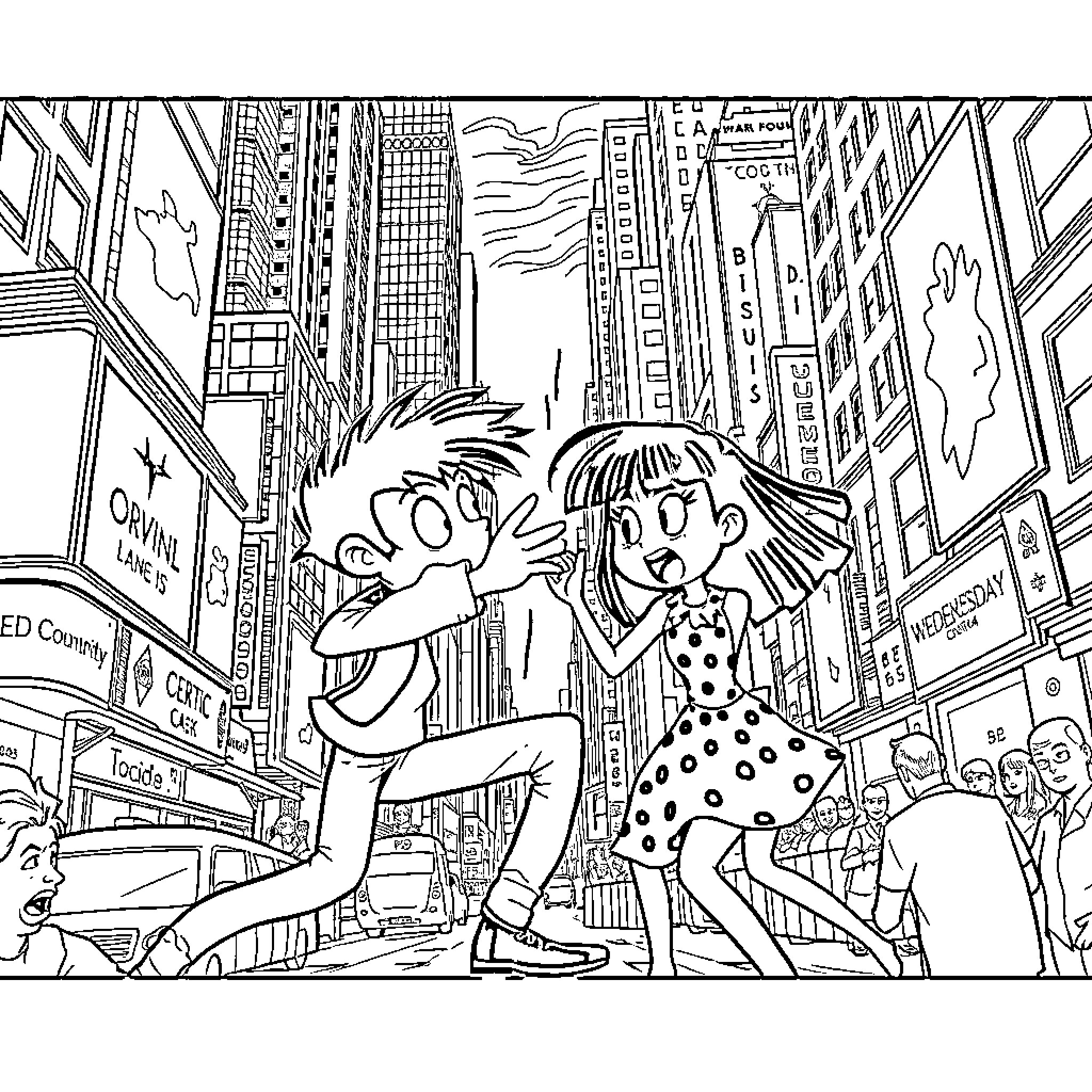 Deku's Lively Adventure in the City Coloring Page (free black-and-white line drawing printable PDF for all, from beginners to advanced learners, including children, teens, adults, and seniors)