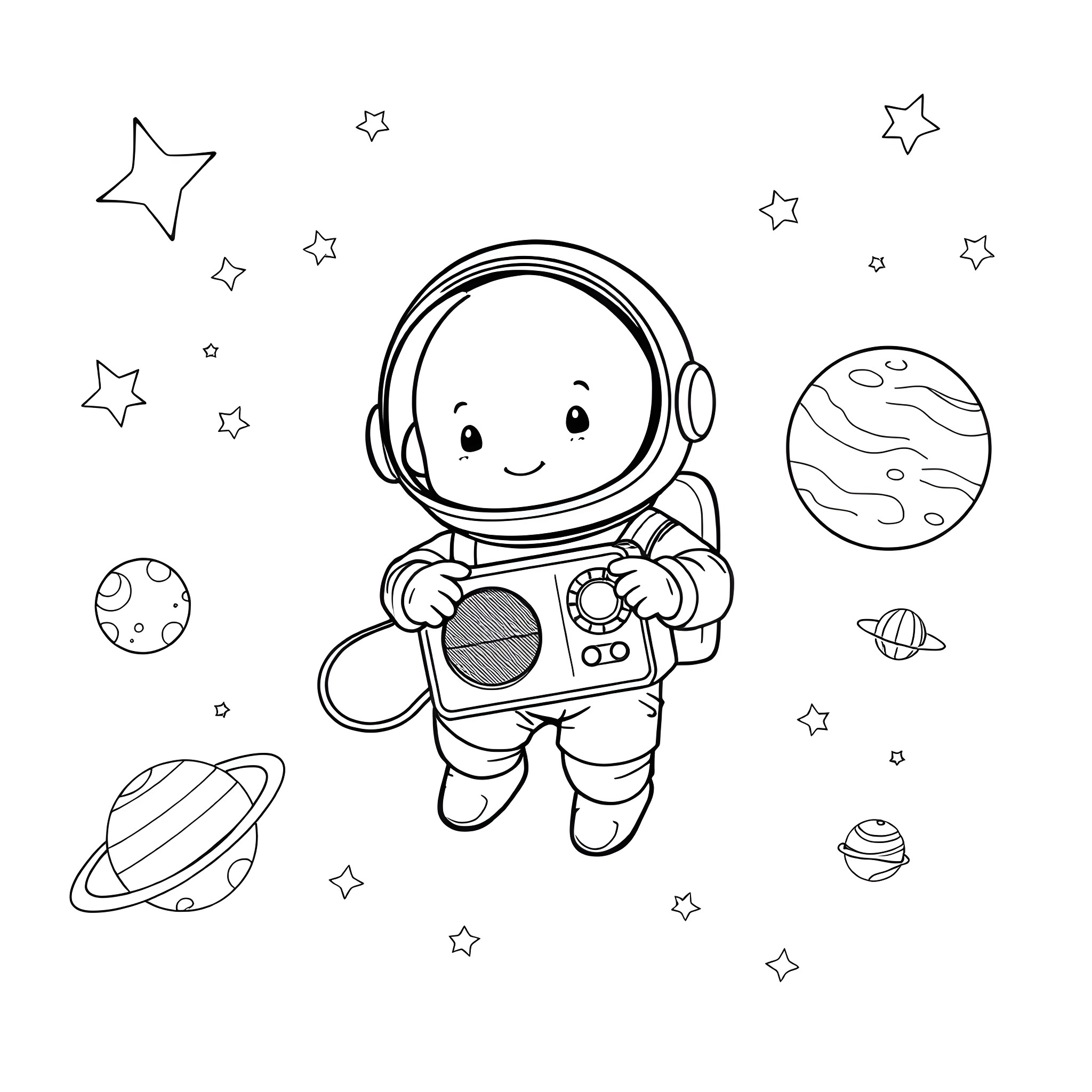 Astronaut exploring the cosmic wonders Coloring Page (free black-and-white line drawing printable PDF for all, from beginners to advanced learners, including children, teens, adults, and seniors)