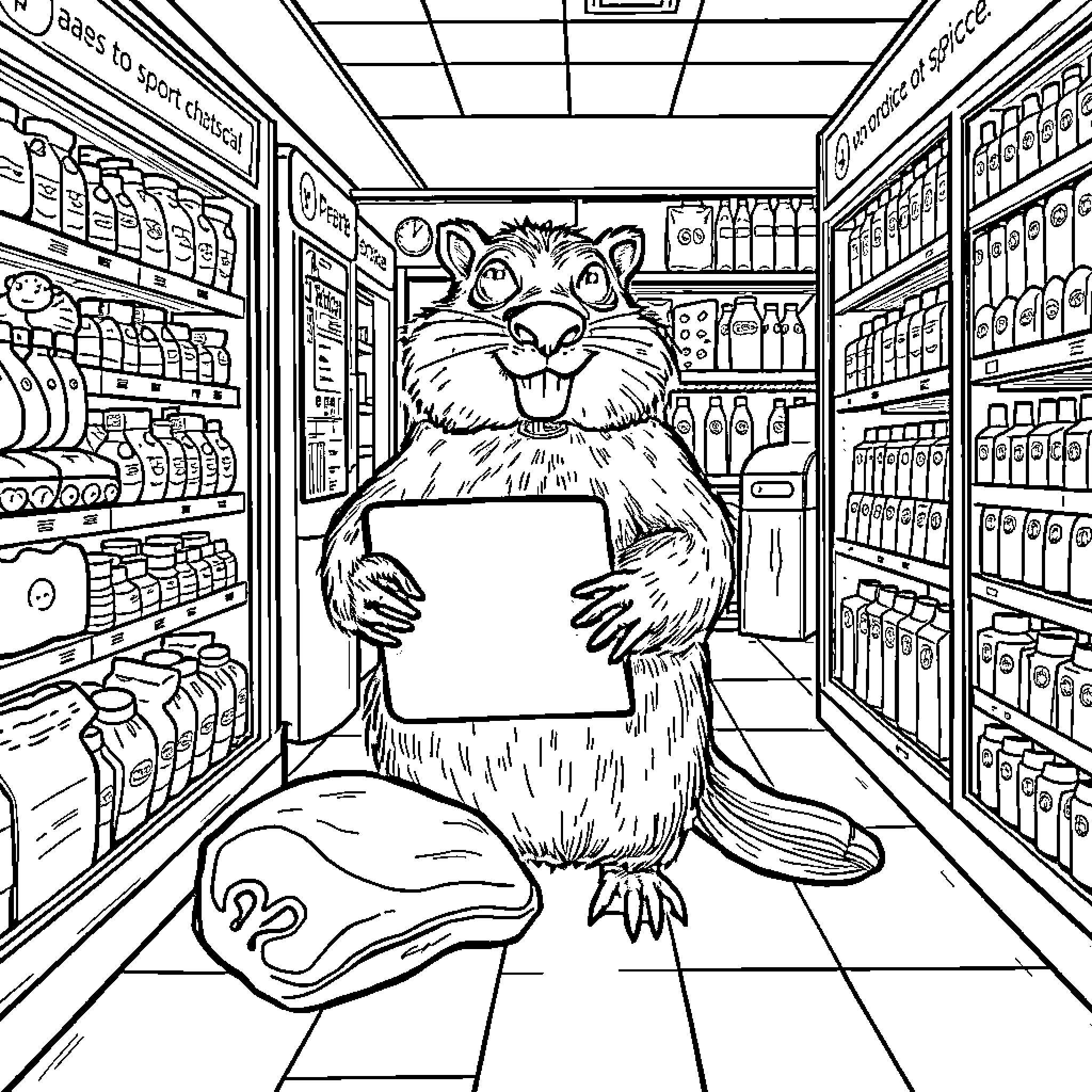 Beaver shopping cheerfully in the convenience store Coloring Page (free black-and-white line drawing printable PDF for all, from beginners to advanced learners, including children, teens, adults, and seniors)