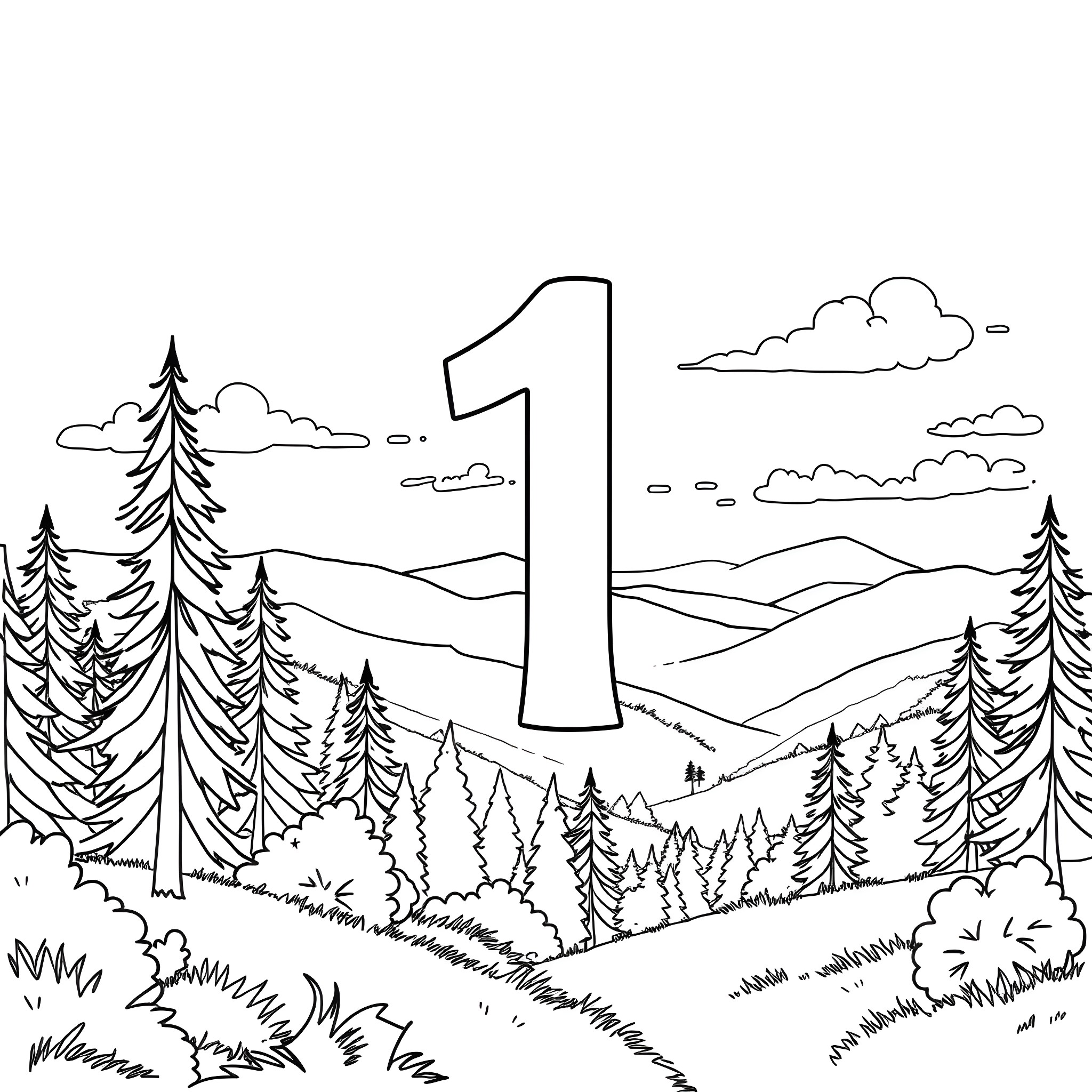 Number 1 in the Peaceful Forest Landscape Coloring Page (free black-and-white line drawing printable PDF for all, from beginners to advanced learners, including children, teens, adults, and seniors)