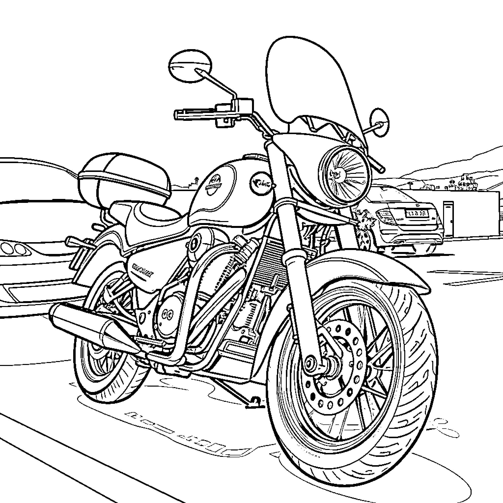 Motorcycle rider on the road Coloring Page (free black-and-white line drawing printable PDF for all, from beginners to advanced learners, including children, teens, adults, and seniors)