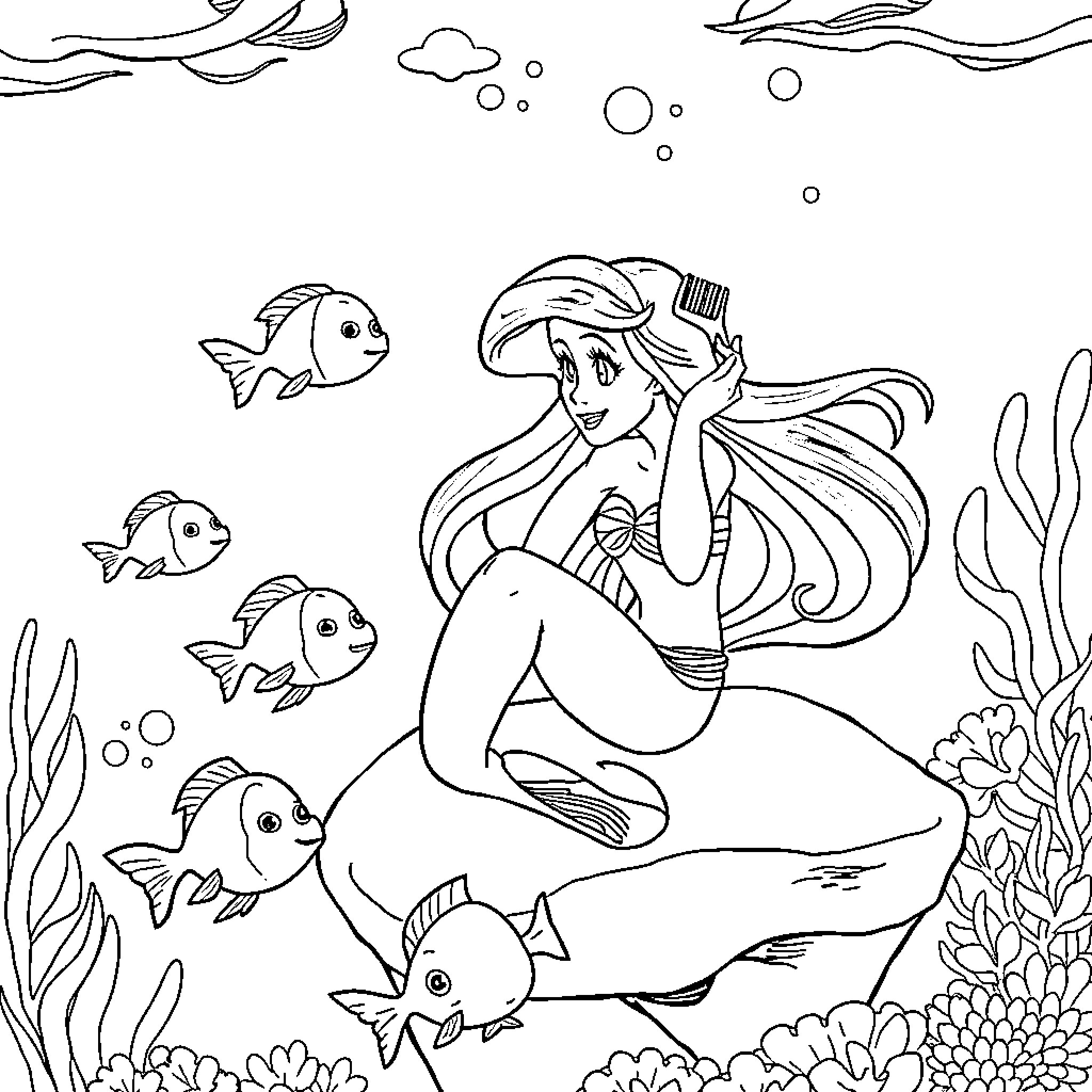 Ariel exploring the enchanting underwater world Coloring Page (free black-and-white line drawing printable PDF for all, from beginners to advanced learners, including children, teens, adults, and seniors)
