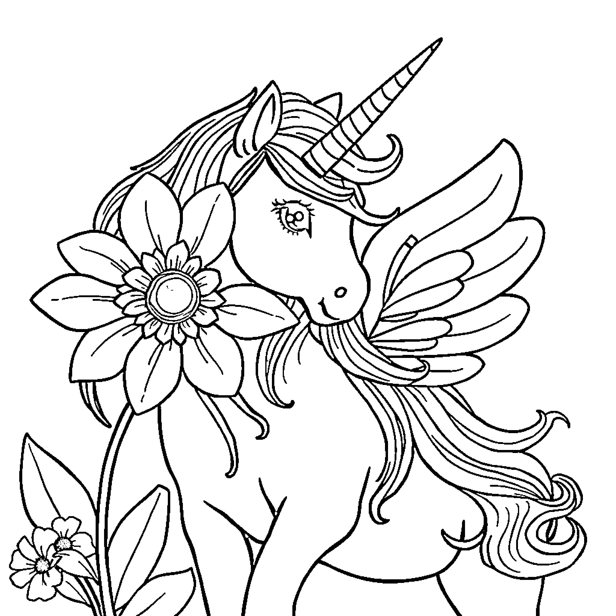 Flower unicorn surrounded by vibrant blossoms Coloring Page (free black-and-white line drawing printable PDF for all, from beginners to advanced learners, including children, teens, adults, and seniors)
