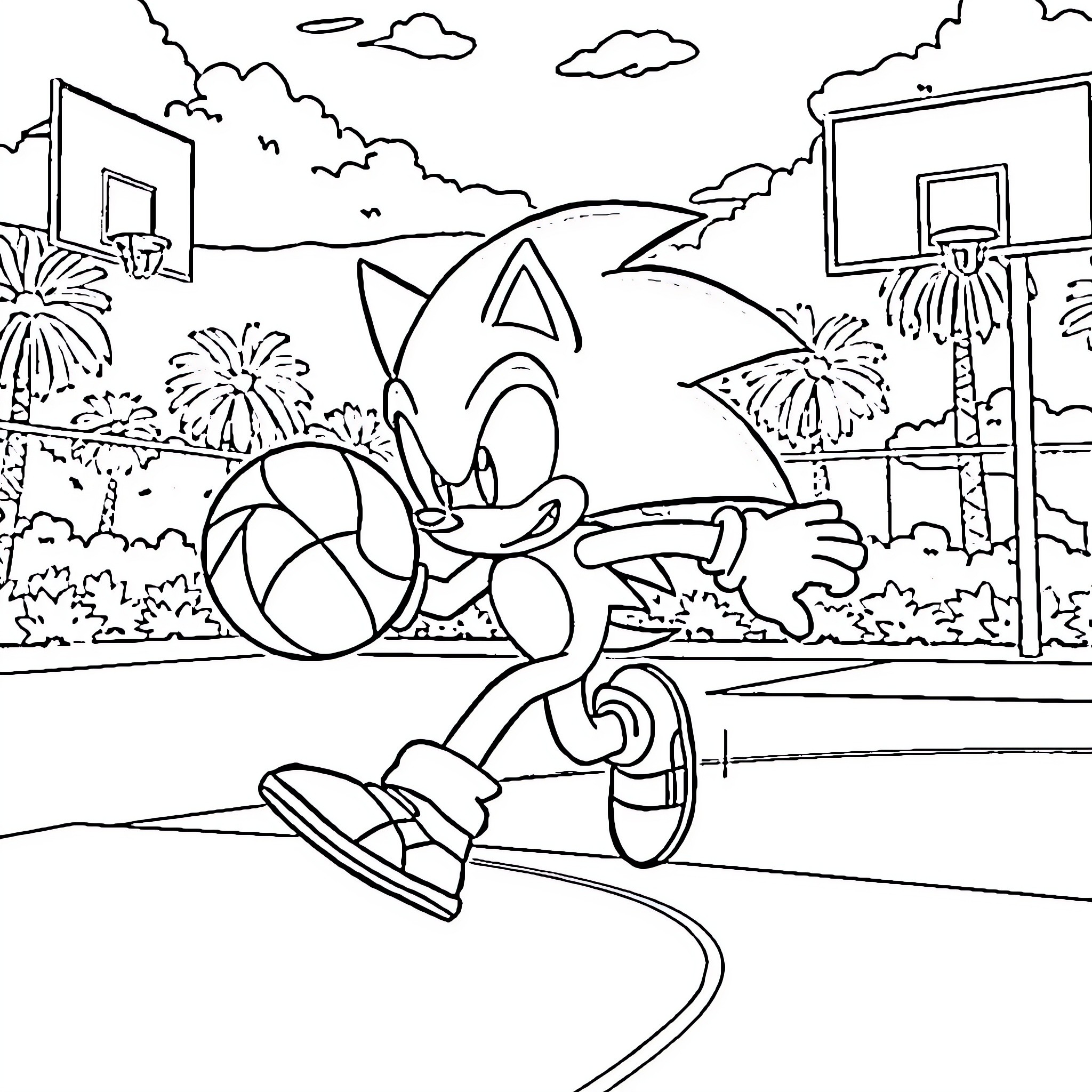 Sonic running through the basketball court Coloring Page (free black-and-white line drawing printable PDF for all, from beginners to advanced learners, including children, teens, adults, and seniors)