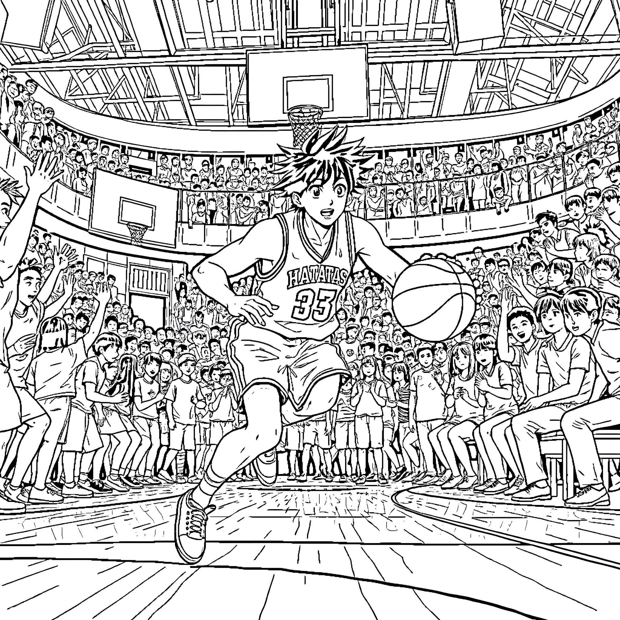 Hinata's Basketball Game in the Stadium Coloring Page (free black-and-white line drawing printable PDF for all, from beginners to advanced learners, including children, teens, adults, and seniors)