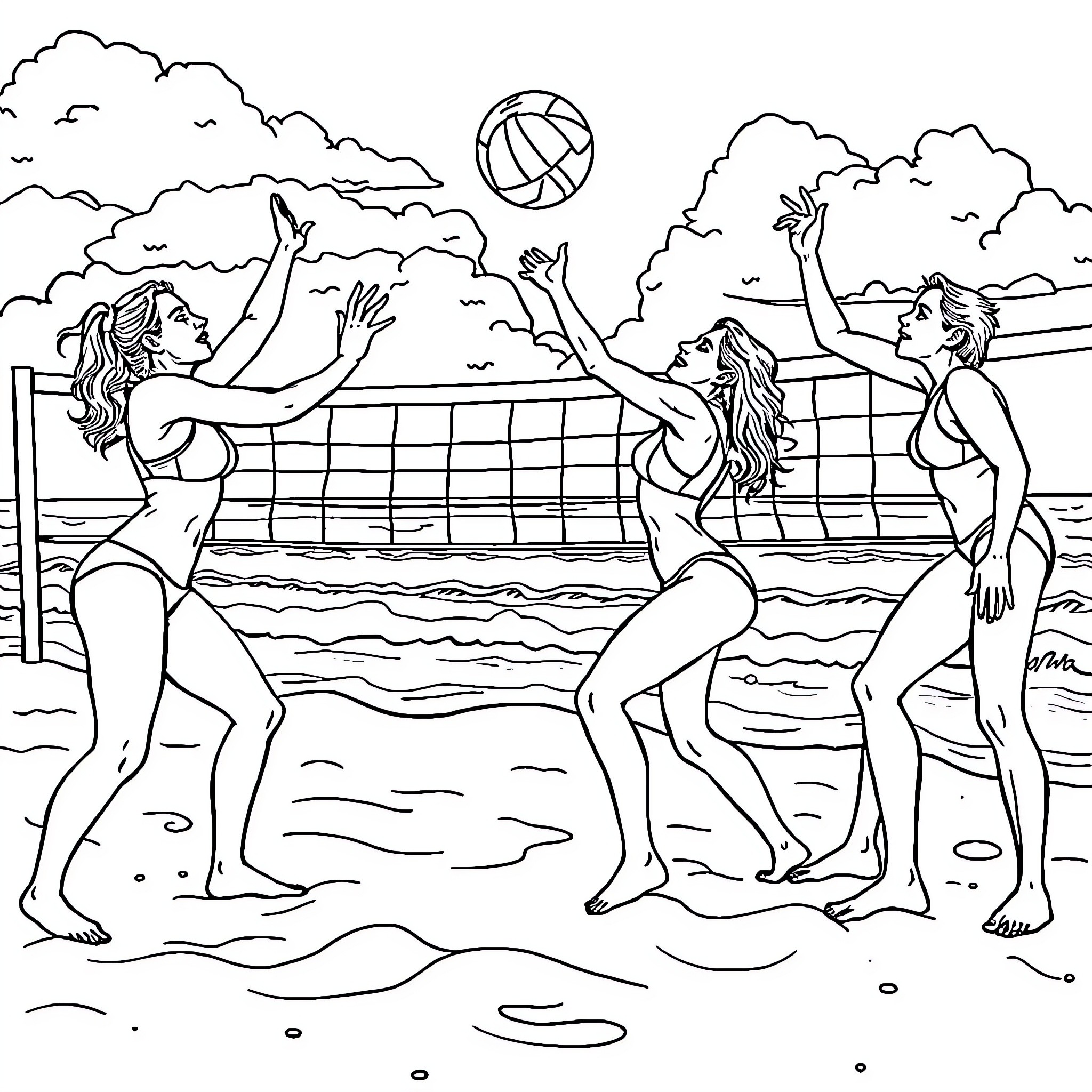 Sand Volleyball Players Competing on the Beach Coloring Page (free black-and-white line drawing printable PDF for all, from beginners to advanced learners, including children, teens, adults, and seniors)