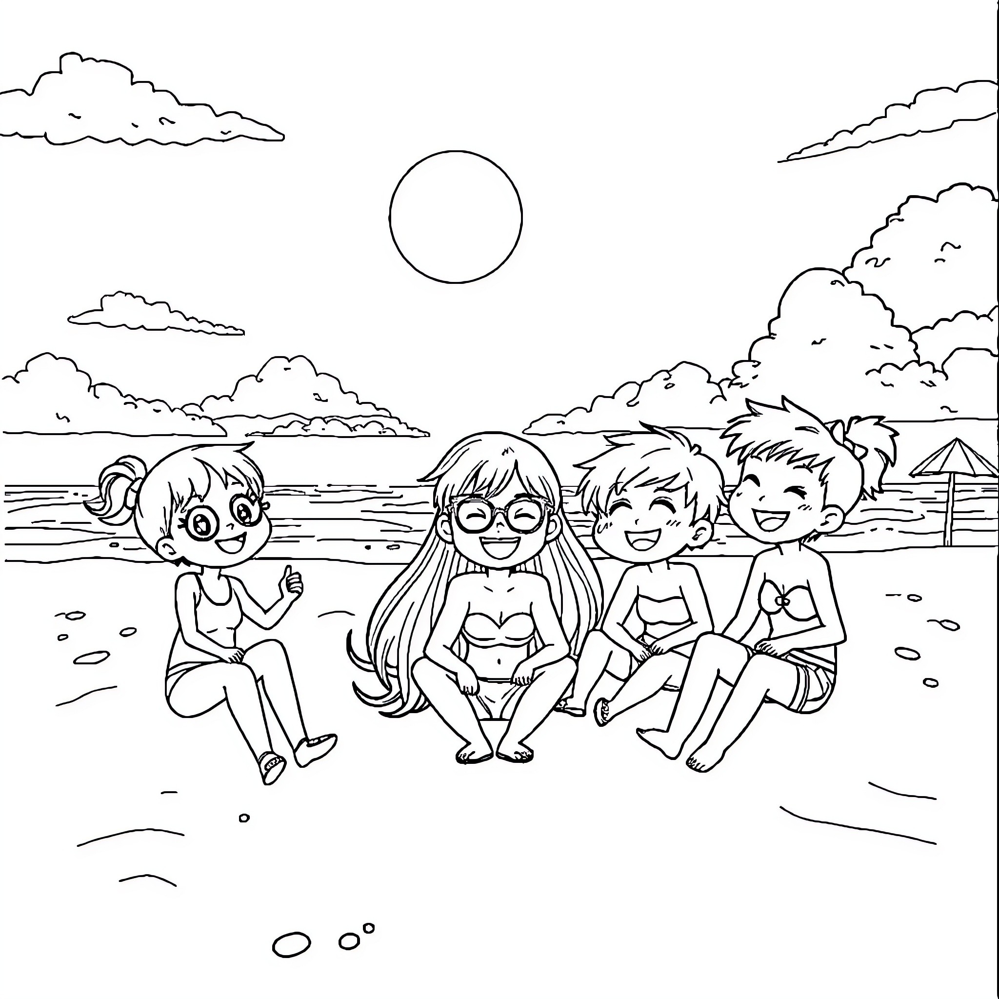 BT21 characters enjoying a sunny beach day Coloring Page (free black-and-white line drawing printable PDF for all, from beginners to advanced learners, including children, teens, adults, and seniors)