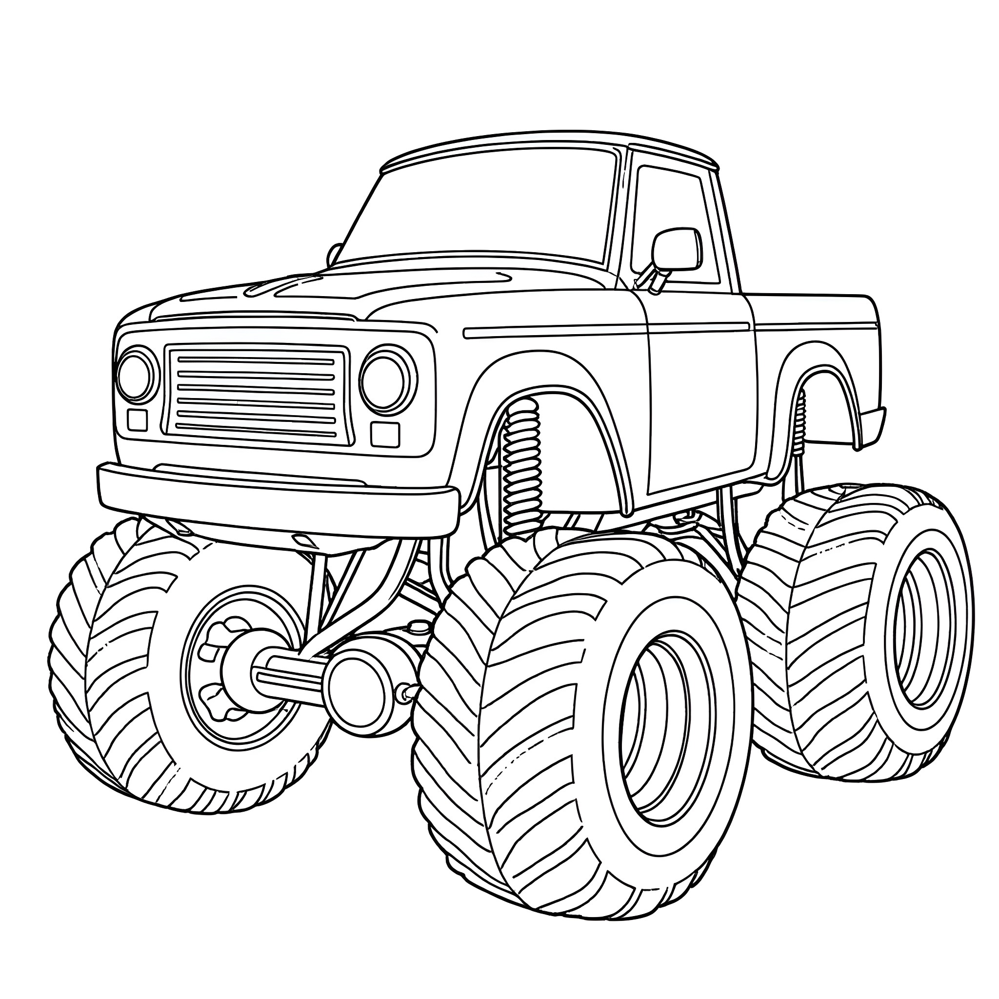 Monster Truck Crushing Tires and Obstacles Coloring Page (free black-and-white line drawing printable PDF for all, from beginners to advanced learners, including children, teens, adults, and seniors)