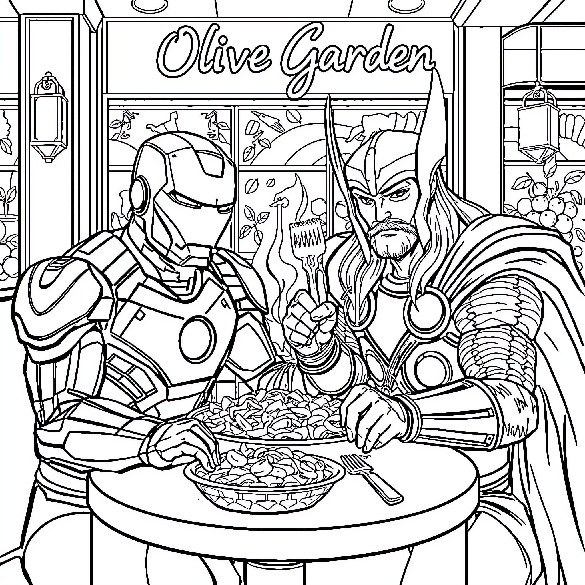 Ironman Dining with Thor at Olive Garden Coloring Page (free black-and-white line drawing printable PDF for all, from beginners to advanced learners, including children, teens, adults, and seniors)