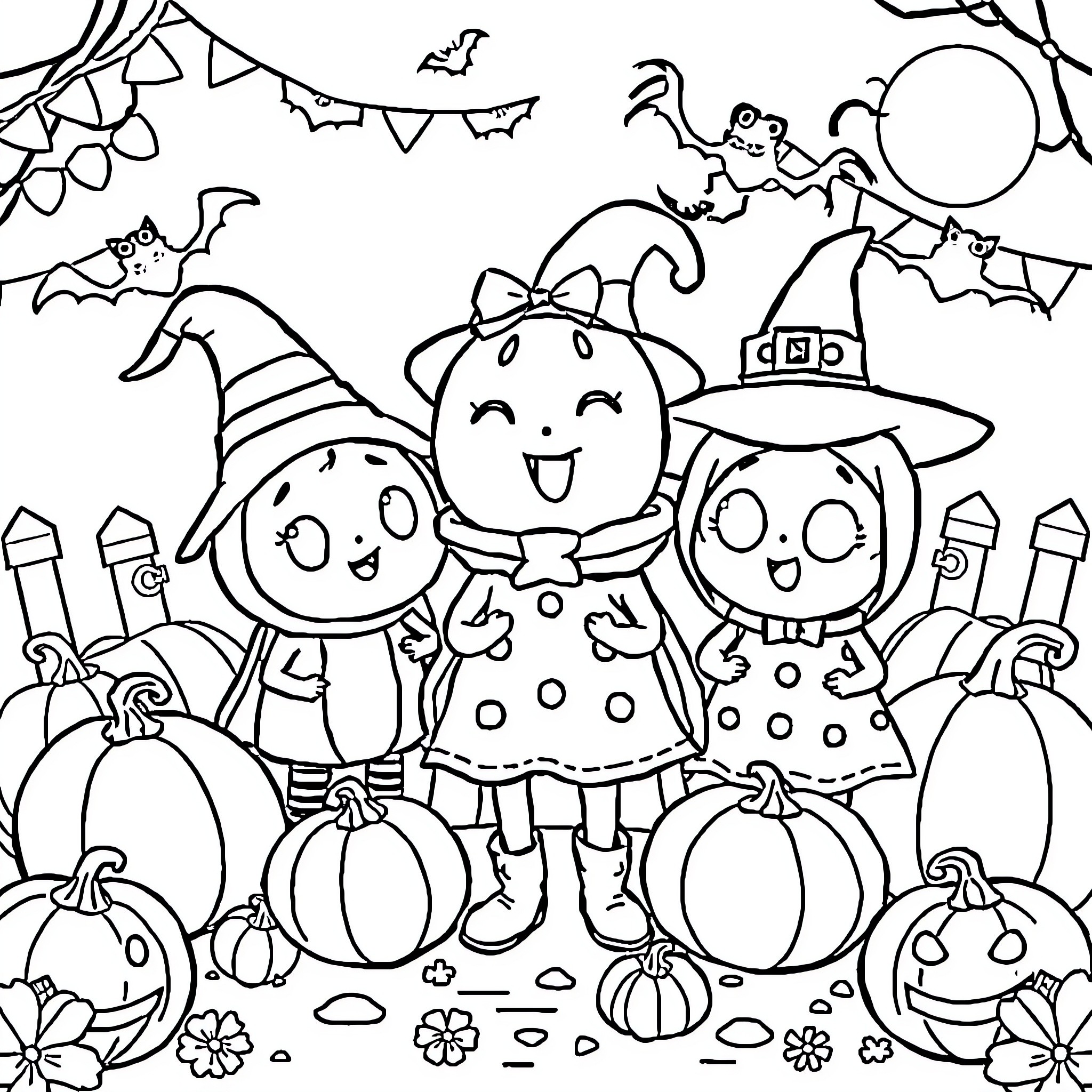 Coco Melon Kids Celebrate Halloween Fun Coloring Page (free black-and-white line drawing printable PDF for all, from beginners to advanced learners, including children, teens, adults, and seniors)