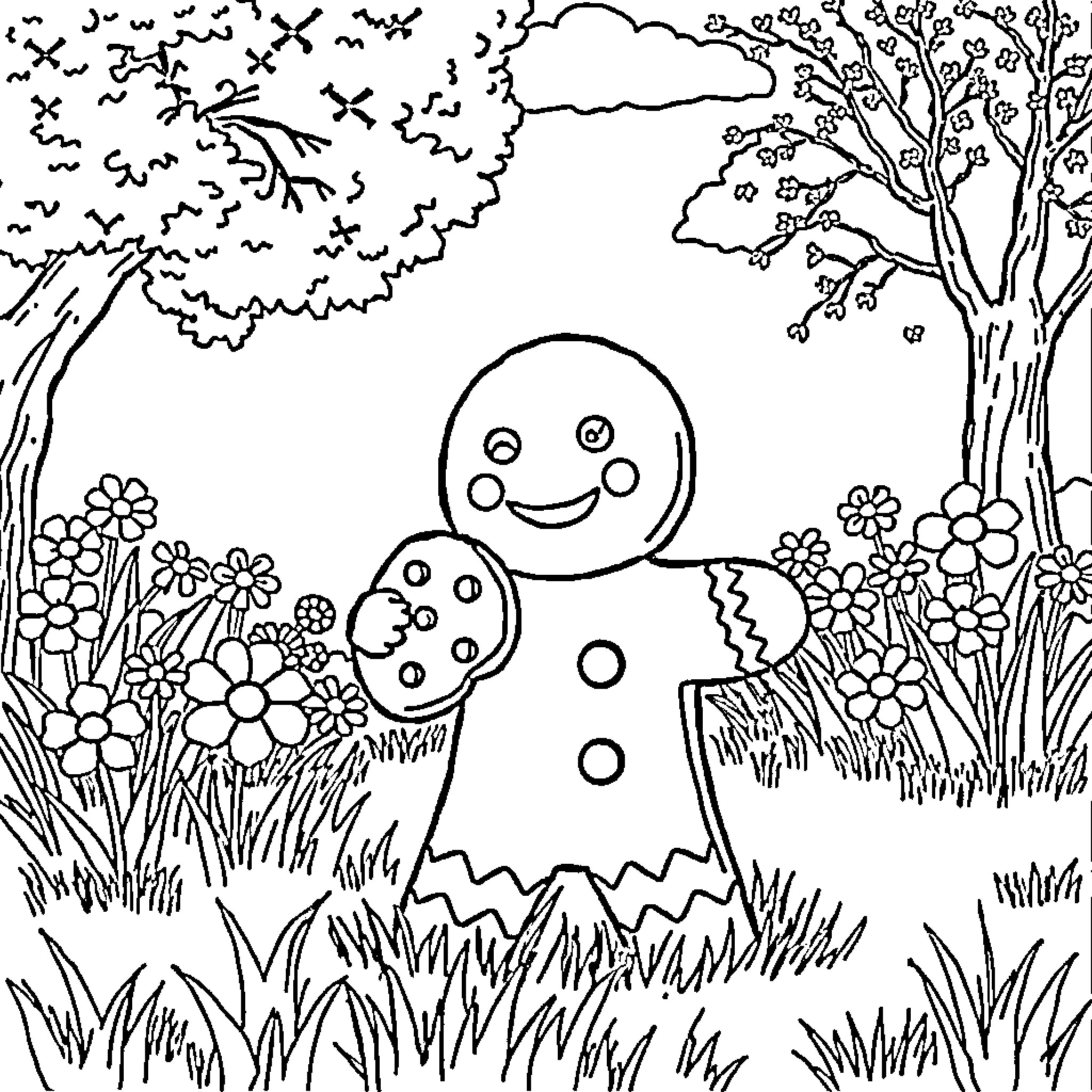 Gingerbread figure frolicking in a flowery meadow Coloring Page (free black-and-white line drawing printable PDF for all, from beginners to advanced learners, including children, teens, adults, and seniors)